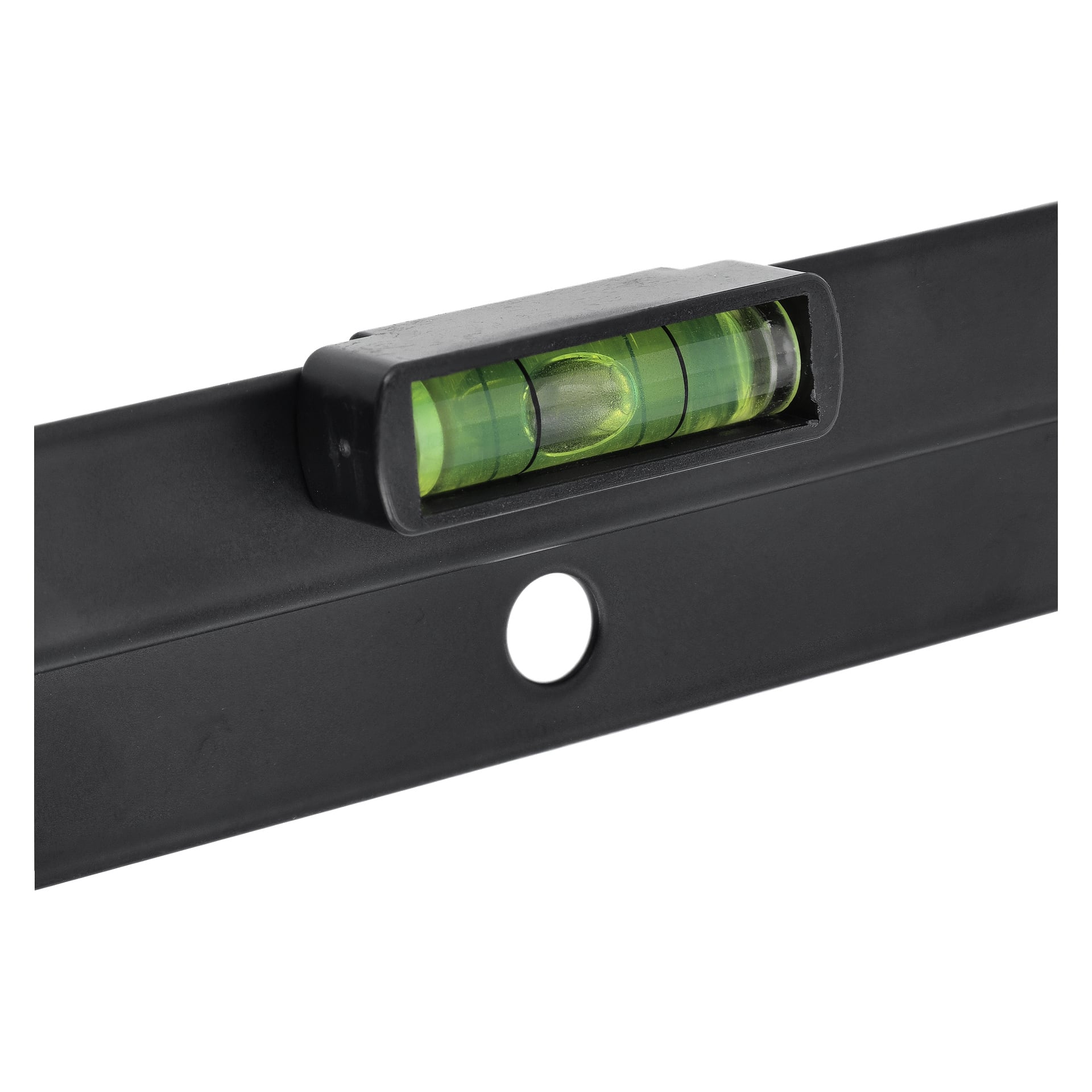 Närbild av Bright Wall Fasteners svartspritvattenpass, grön bubbla centrerad mellan linjerna, på rak kant med runt hål under.