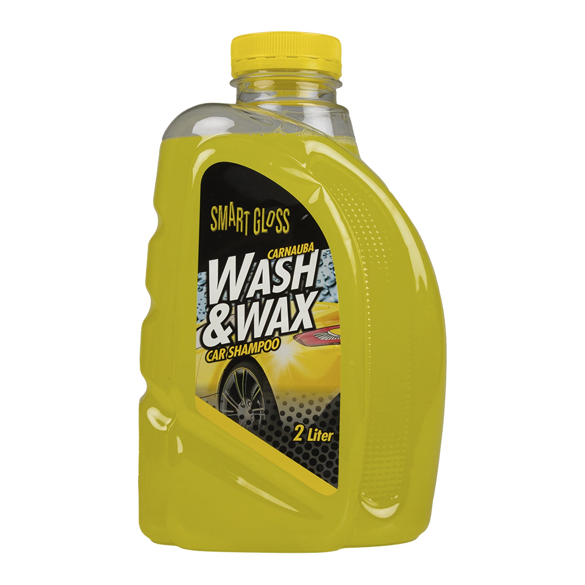 En gul 2-liters Smartgloss Wax Wash & Wax-flaska med matchande lock och en etikett som visar en blank gul bil.