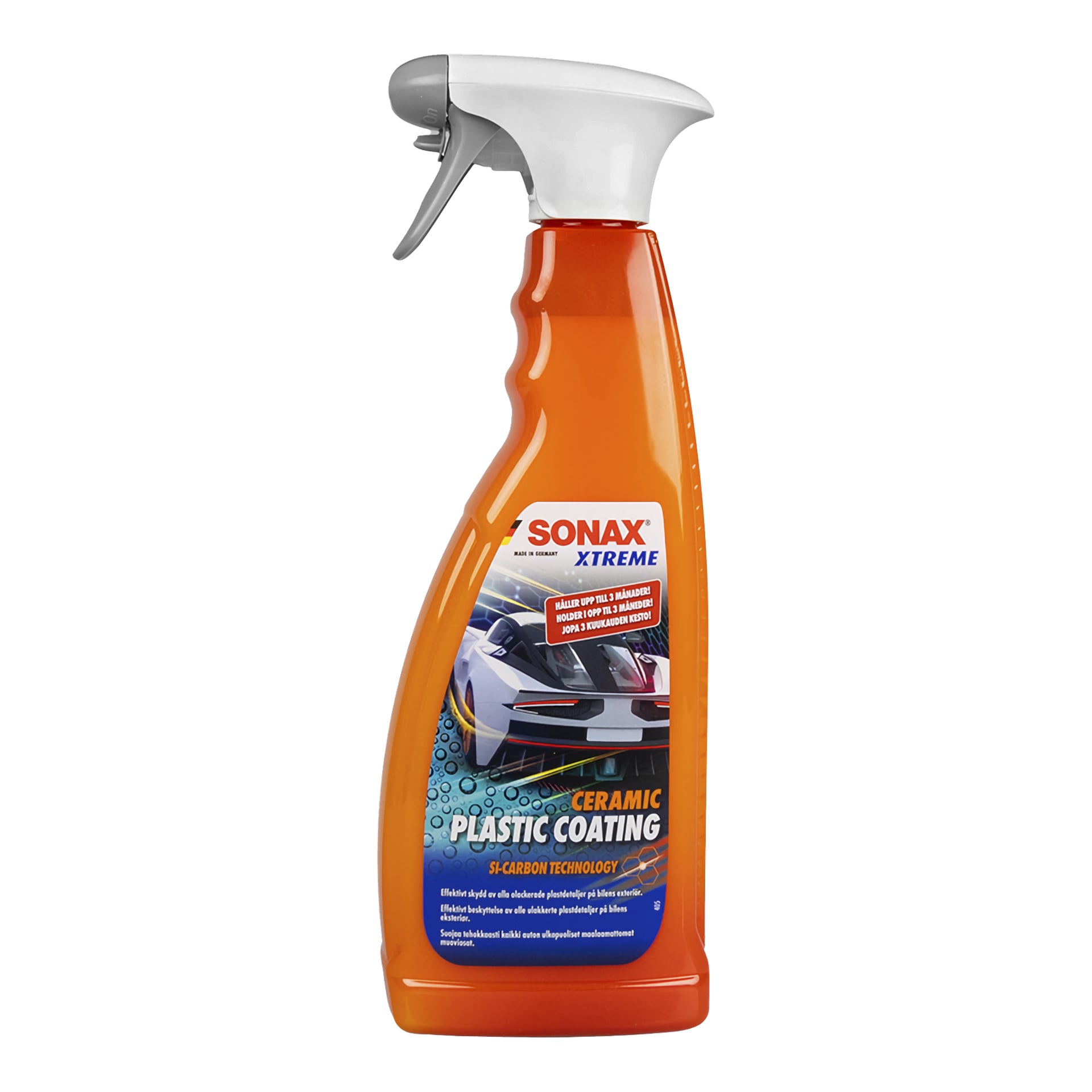 Sonax Xtreme keramisk plastbeläggningsflaska med spraymunstycke, orange-blå etikett, bilbild och Si-Carbon Technology för plaster.