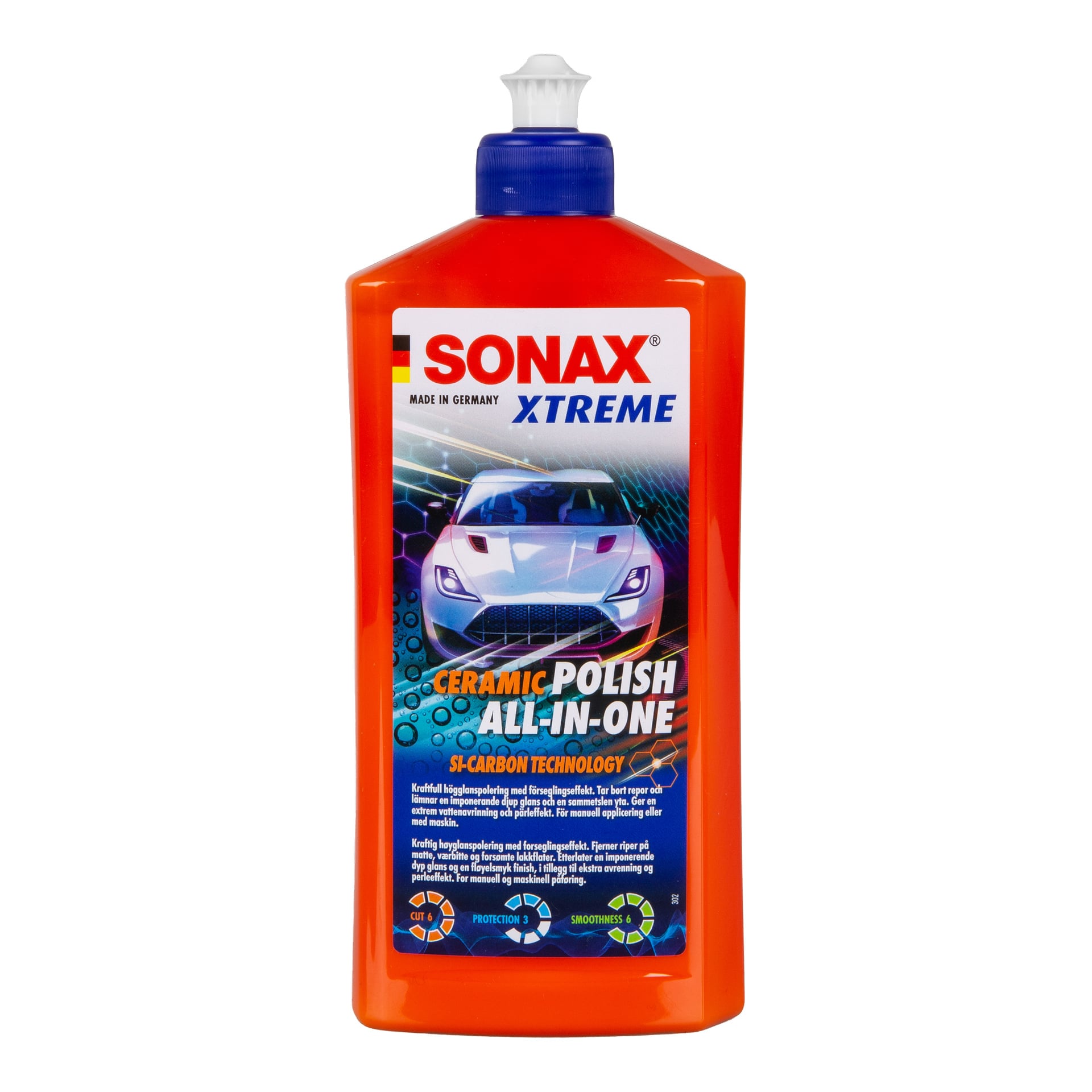 En rød plastflaske Sonax Xtreme Ceramic Polish All-In-One med hvit kork og en etikett som viste bilde og detaljer fra bilen.