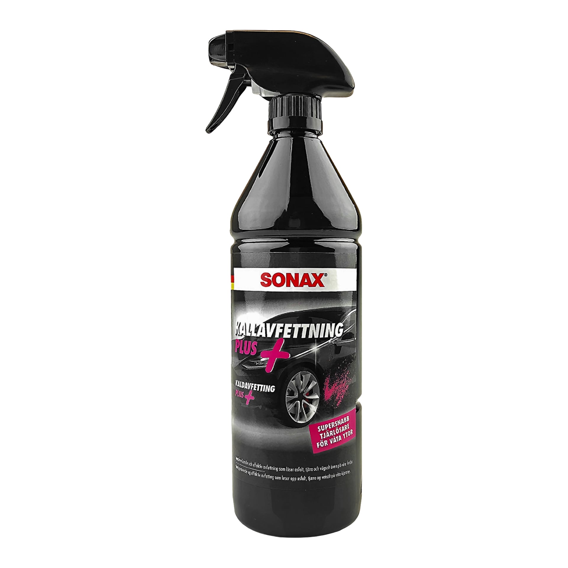 En svart sprayflaska märkt "Sonax Cold Degreaser Plus" med bild, rosa plusskylt och ytterligare produktdetaljer.