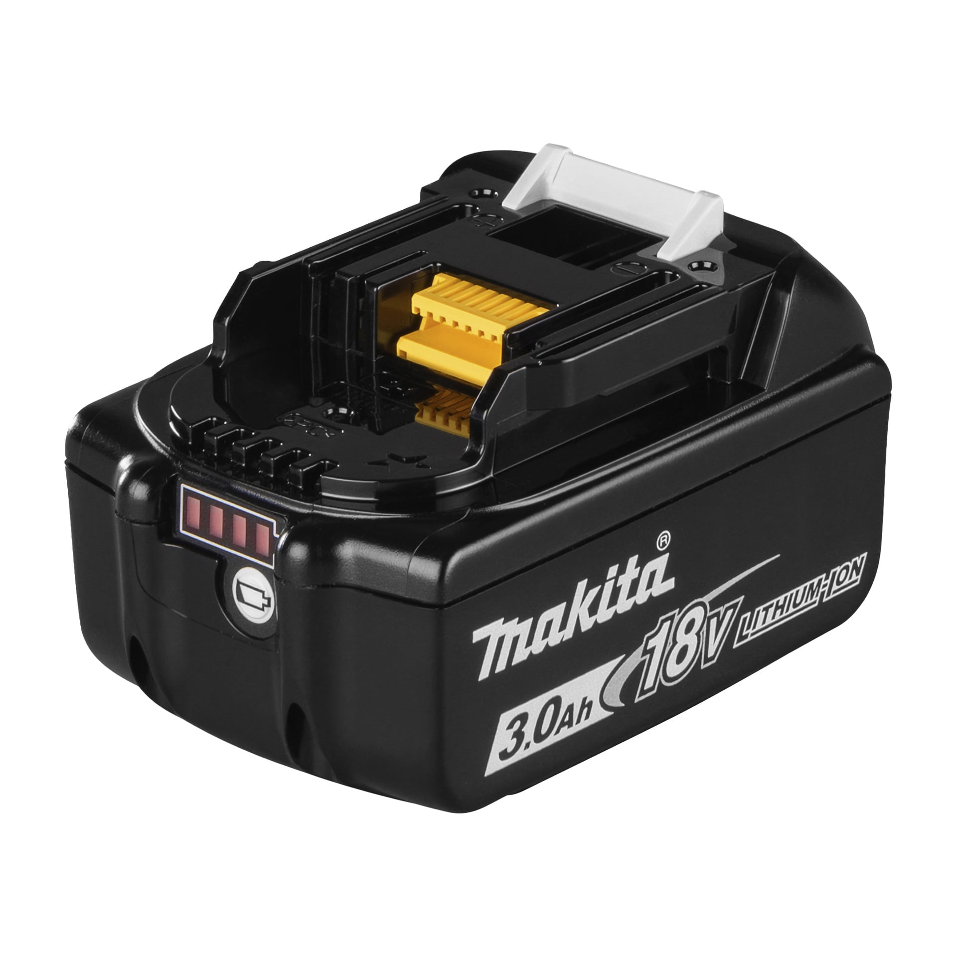 Makita BL1830B bateria litowo-jonowa LXT 18V 3.0Ah z czarną obudową, zaciskami złącza, kontrolkami ładowania i białym logo Makita.