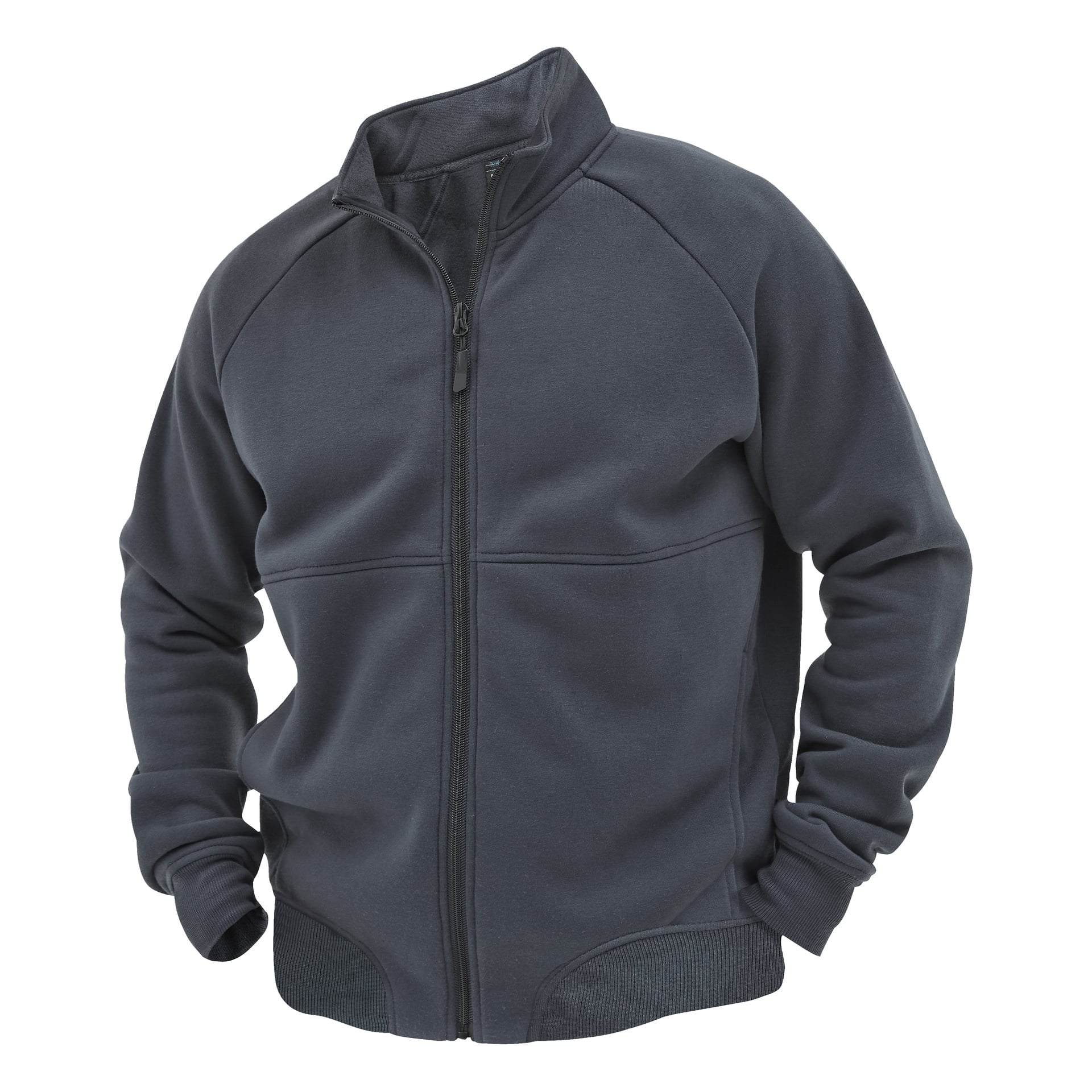 Bluewear Men's Atlas-tröjan är en svart fleece med dragkedja och hög krage, långärmade och elastiska muddar och midjeband. Det tjocka tyget har inga synliga logotyper eller varumärken.
