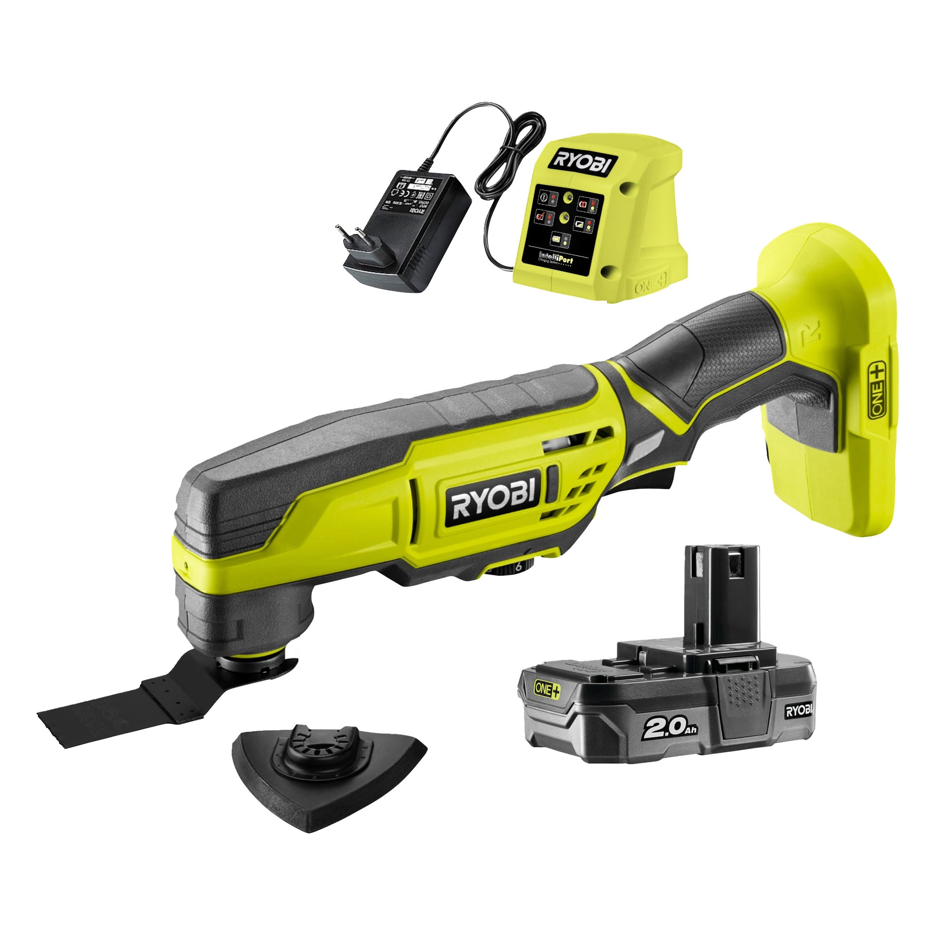 Ryobi One+ R18MT3-120GJ sladdlöst set med multiverktyg, 20V batteri, laddare, strömadapter och två tillbehör.