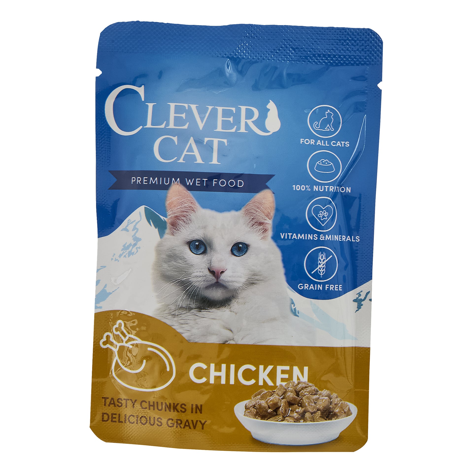 Clever Cat Cat Food 40-pack i blått og gull, viser et hvitt kattebilde, kyllingbiter i saus, ikoner for ernæring og kornfritt.