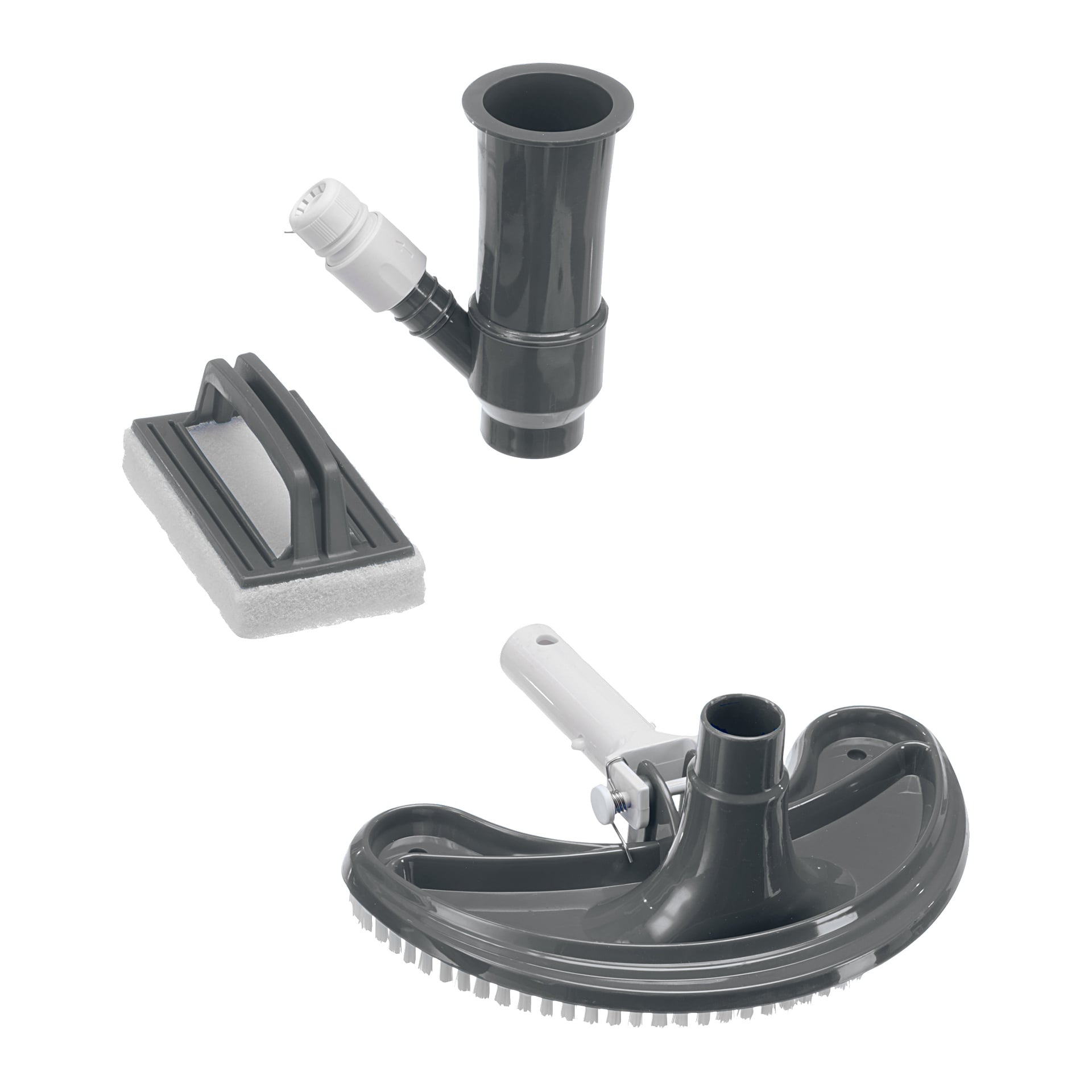 Swim fun Pool Cleaning Kit 5 Pieces innehåller tre grå plasttillbehör: borsthuvud, skrubbdyna med handtag och slanganslutning.
