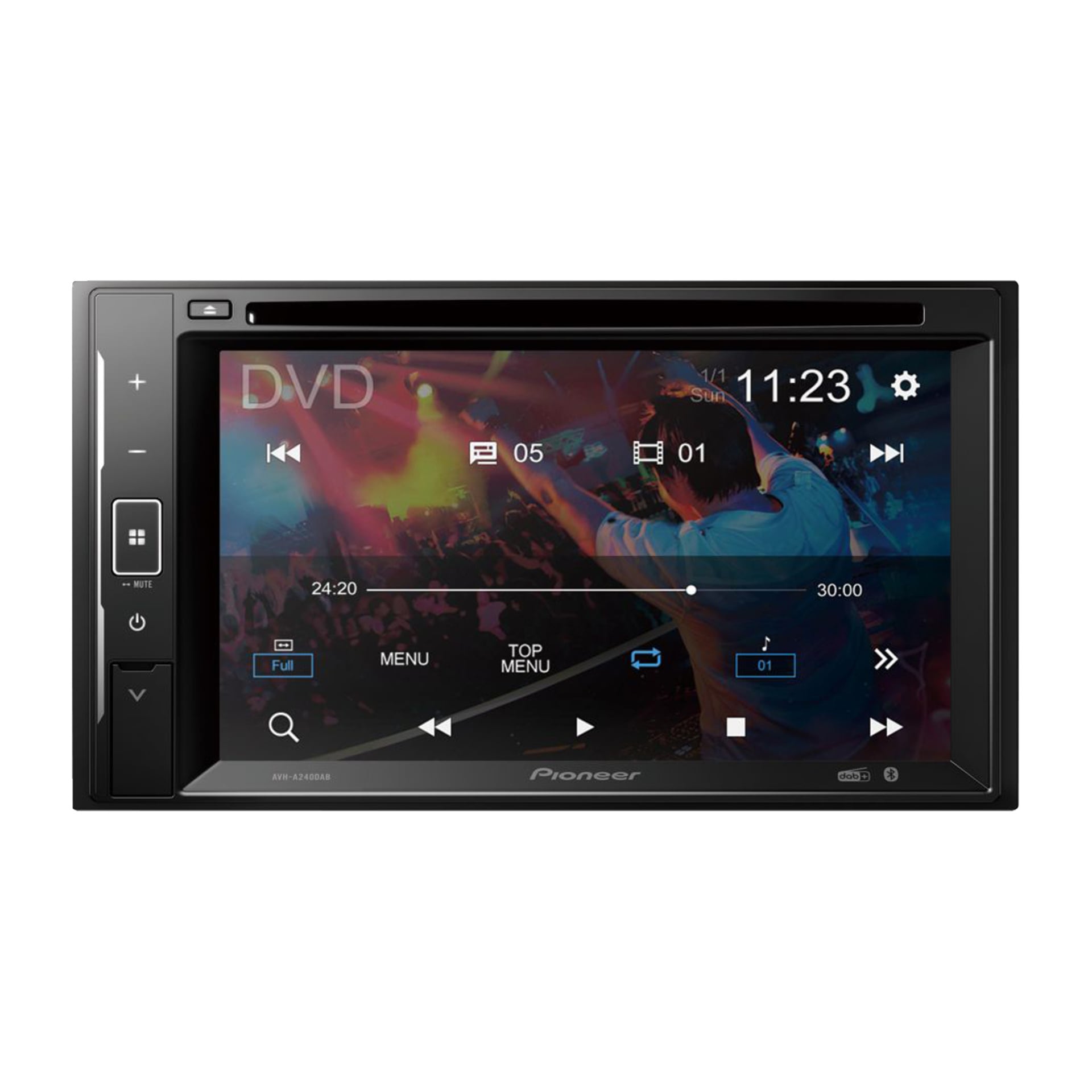 En Pioneer Car-stereo AVH-A240DAB visar en pausad konsert-DVD med en jublande publik, menyalternativ, uppspelningsikoner och 11:23 visas.