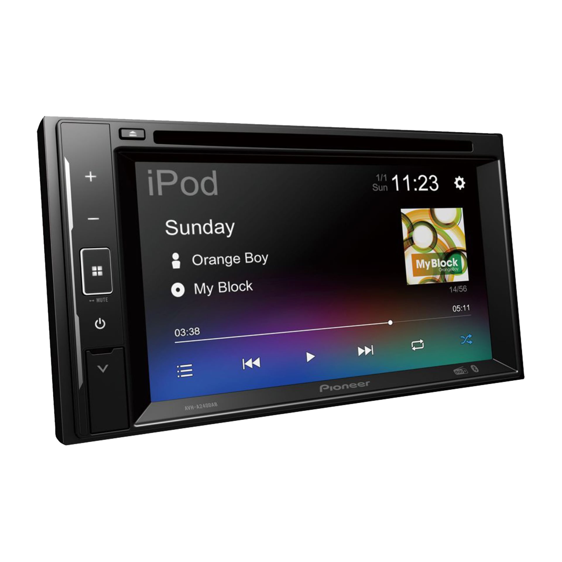 En Pioneer AVH-A240DAB bilstereo visar "My Block" av Orange Boy i iPod-läge, med albumomslag, kontroller och 11:23-tid.