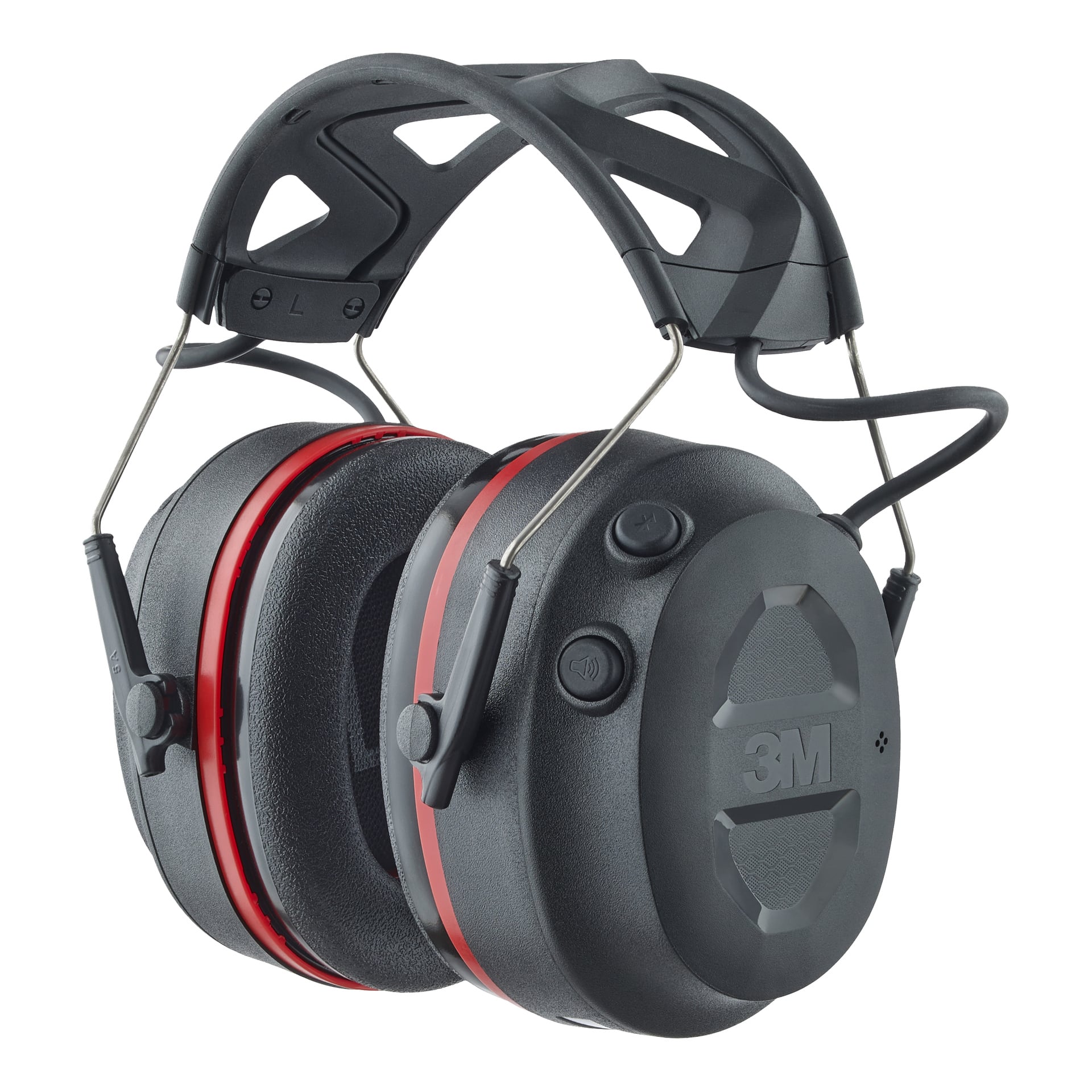 Svarta och röda 3M Bluetooth Pro-Protect hörselskydd med vadderade dynor, justerbart huvudband, öronknappar och 3M-märkning.