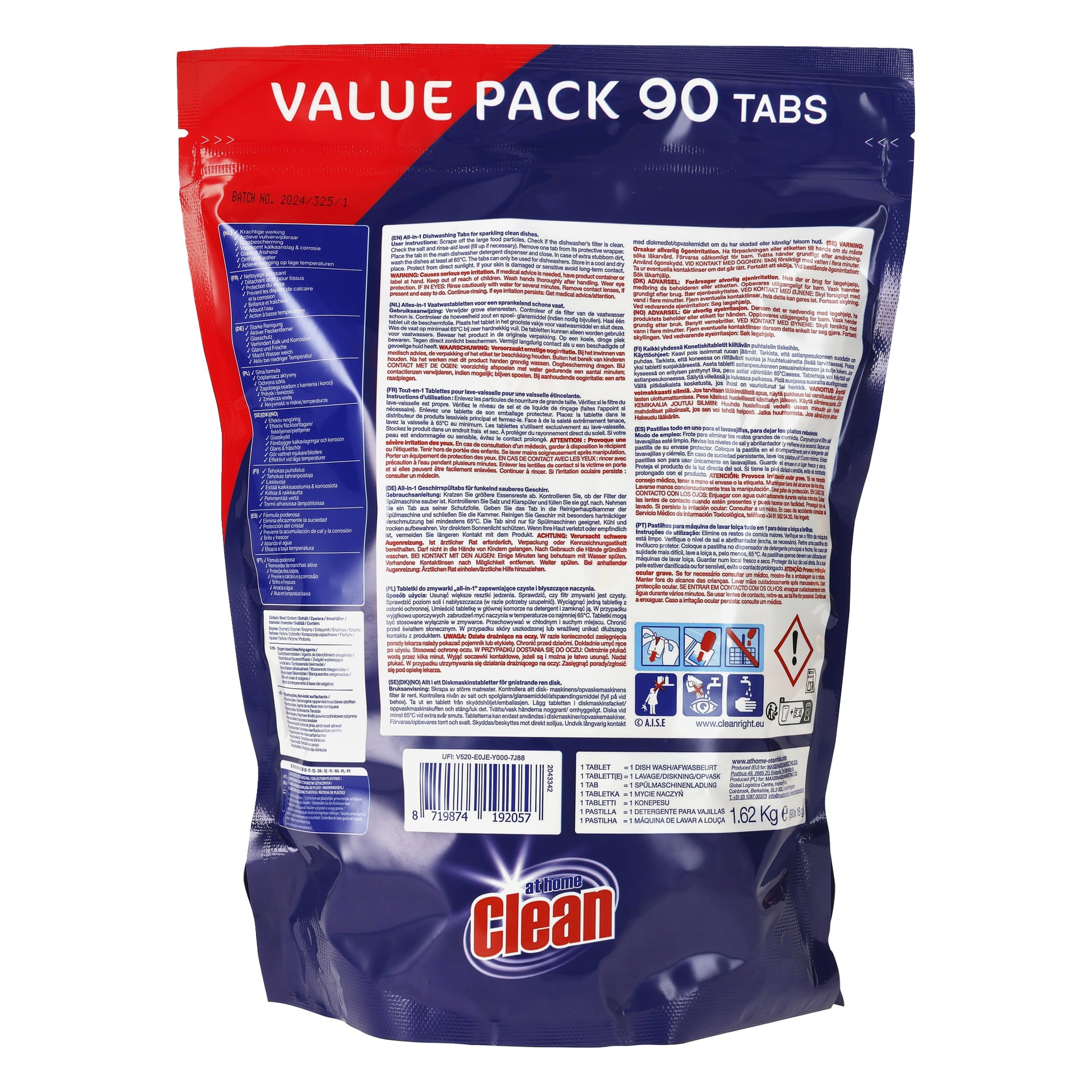 Baksidan av At Home Clean Diskmaskinstvättmedel 90-pack, VÄRDEPACK-etikett, med instruktioner, ingredienser, varningar, streckkoder, faror.