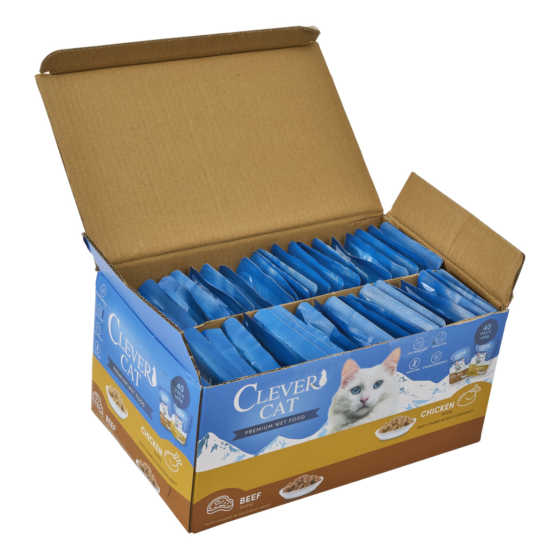 Åpne Clever Cats 40-paknings kattematboks med blå kylling- og biffposer; Emballasjen viser en hvit katt nær våtmatskåler.