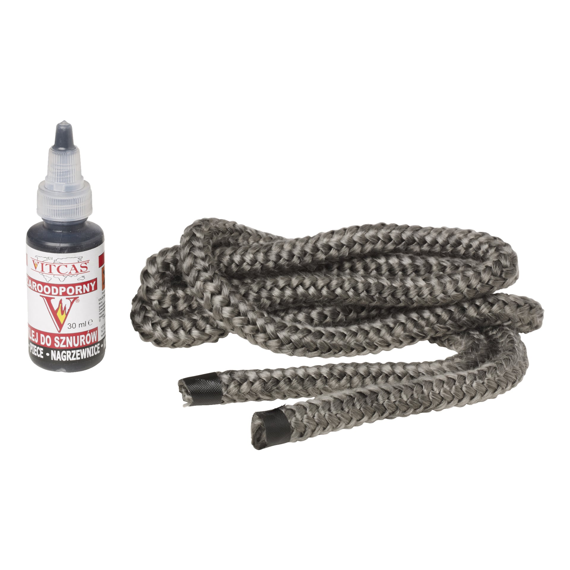 En flaska lim från Vitcas Stove Sealing Kit står bredvid ett ringlat, tjockt, flätat grått rep med svarta plastspetsar i båda ändar.