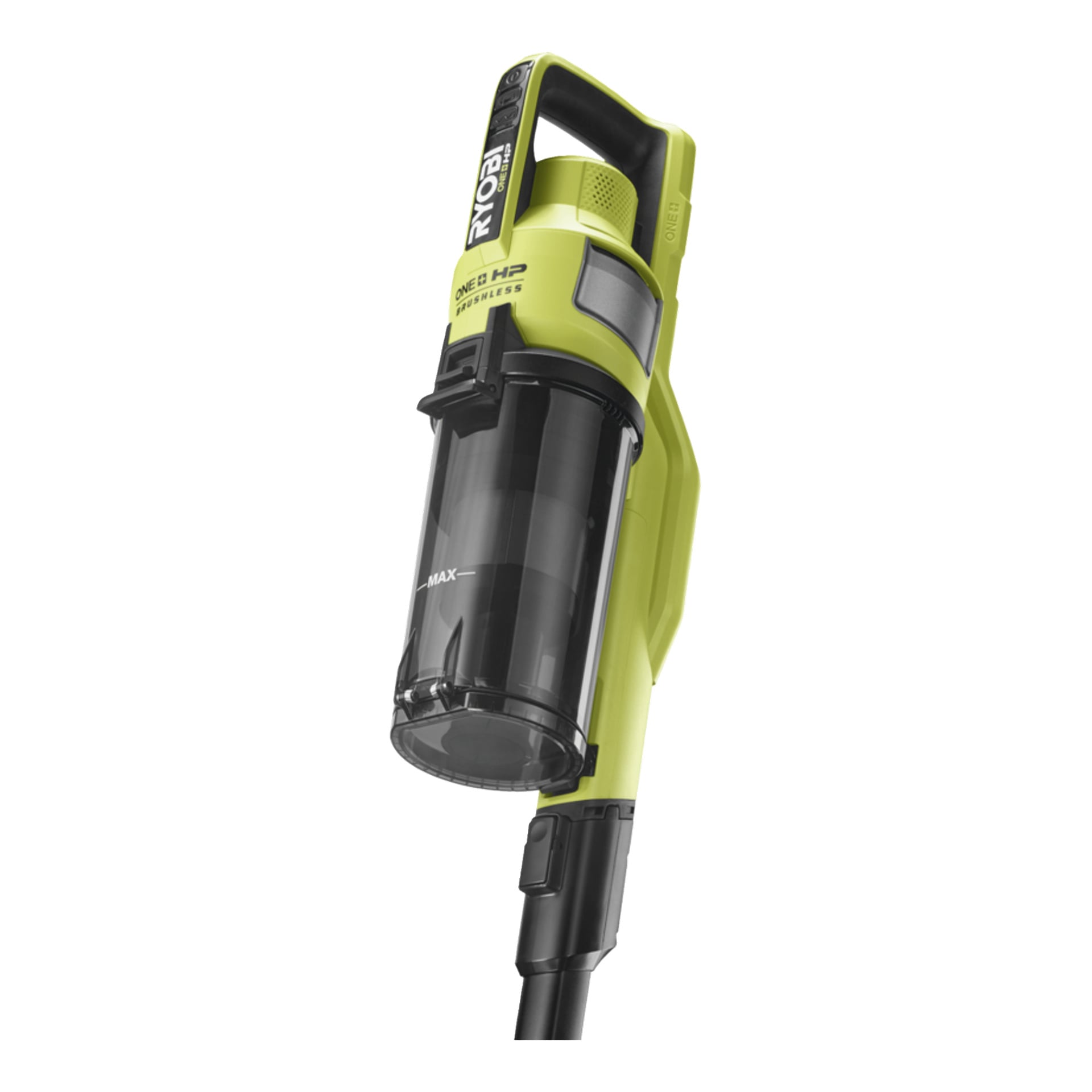 Ryobi One+ Upright dammsugare RSV18X-1X40 i grönt och svart, med en genomskinlig MAX-soptunna, knappar och märkning på handtaget.