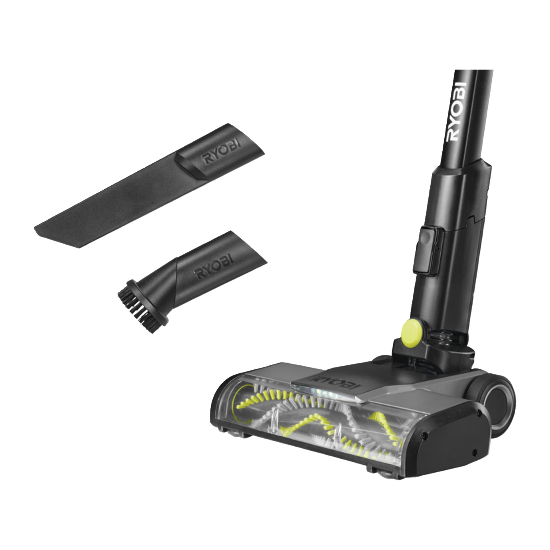 Ryobi One+ Upright dammsugare med borstlös motor RSV18X-1X40, genomskinligt huvud visar borstrullar, med spring- och borsttillbehör.