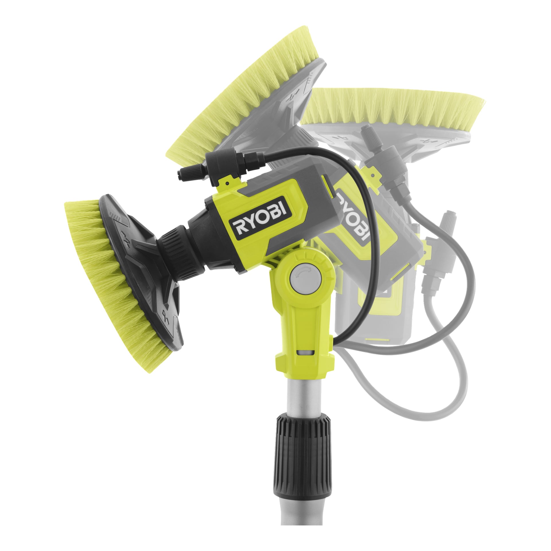 Ryobi One+ rengöringsborste RWTS18-1C20GJ med batteri och laddare, rund gul borste, justerbara vinklar, svart-gult handtag.