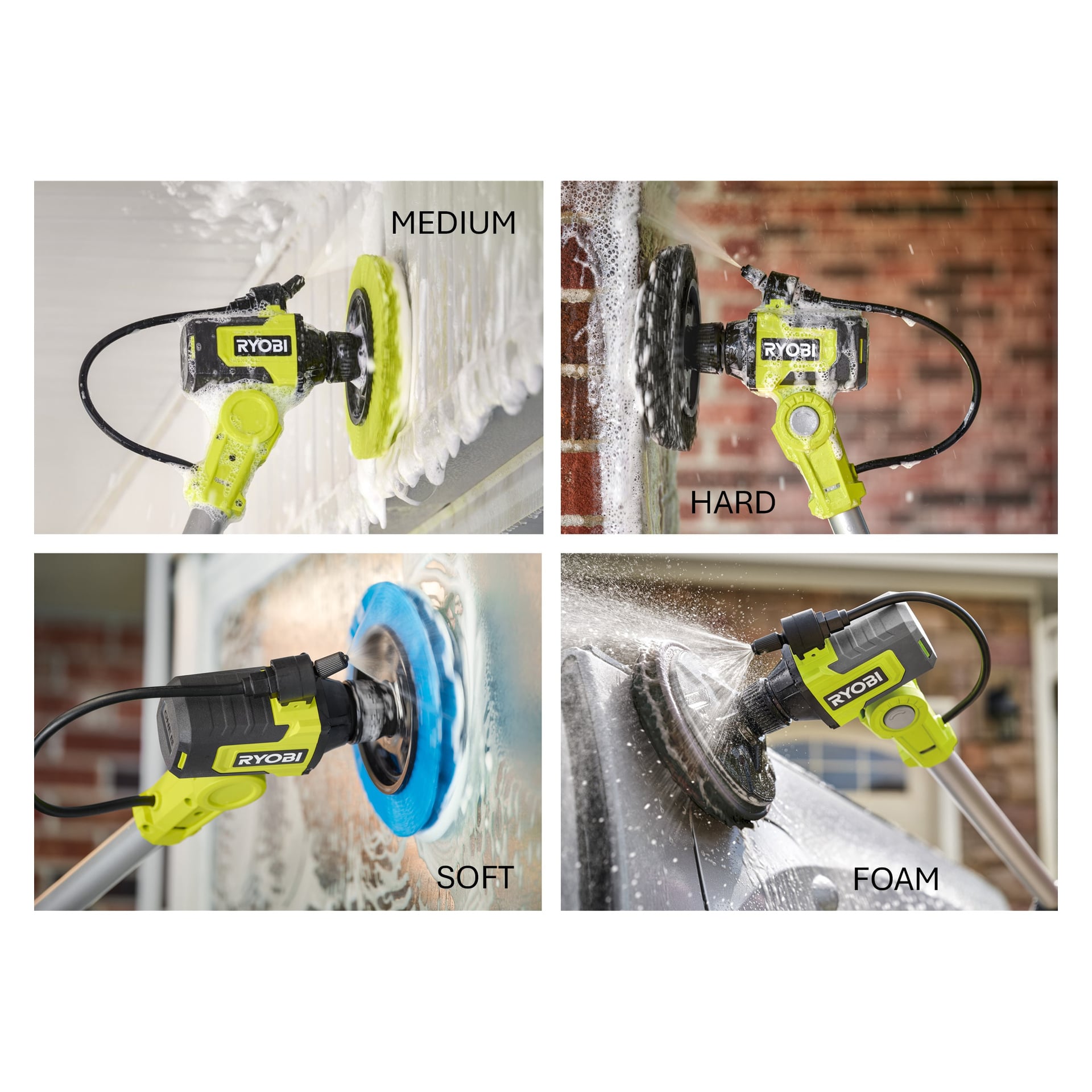 Fyra bilder visar Ryobi One+ Cleaning brush RWTS18-1C20GJ med fyra olika borsthuvuden som rengör tegel och glas.