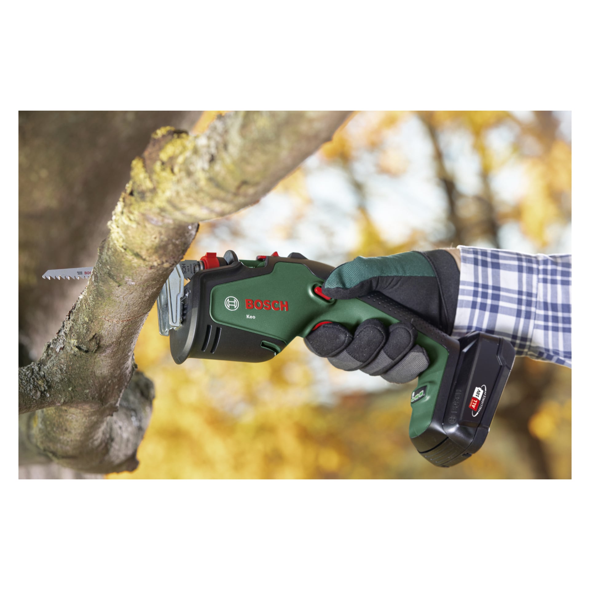 Handskbeklädda händer använder en Bosch Power 4 All Keo beskärningssåg för att trimma en trädgren, med suddiga höstlöv bakom sig.