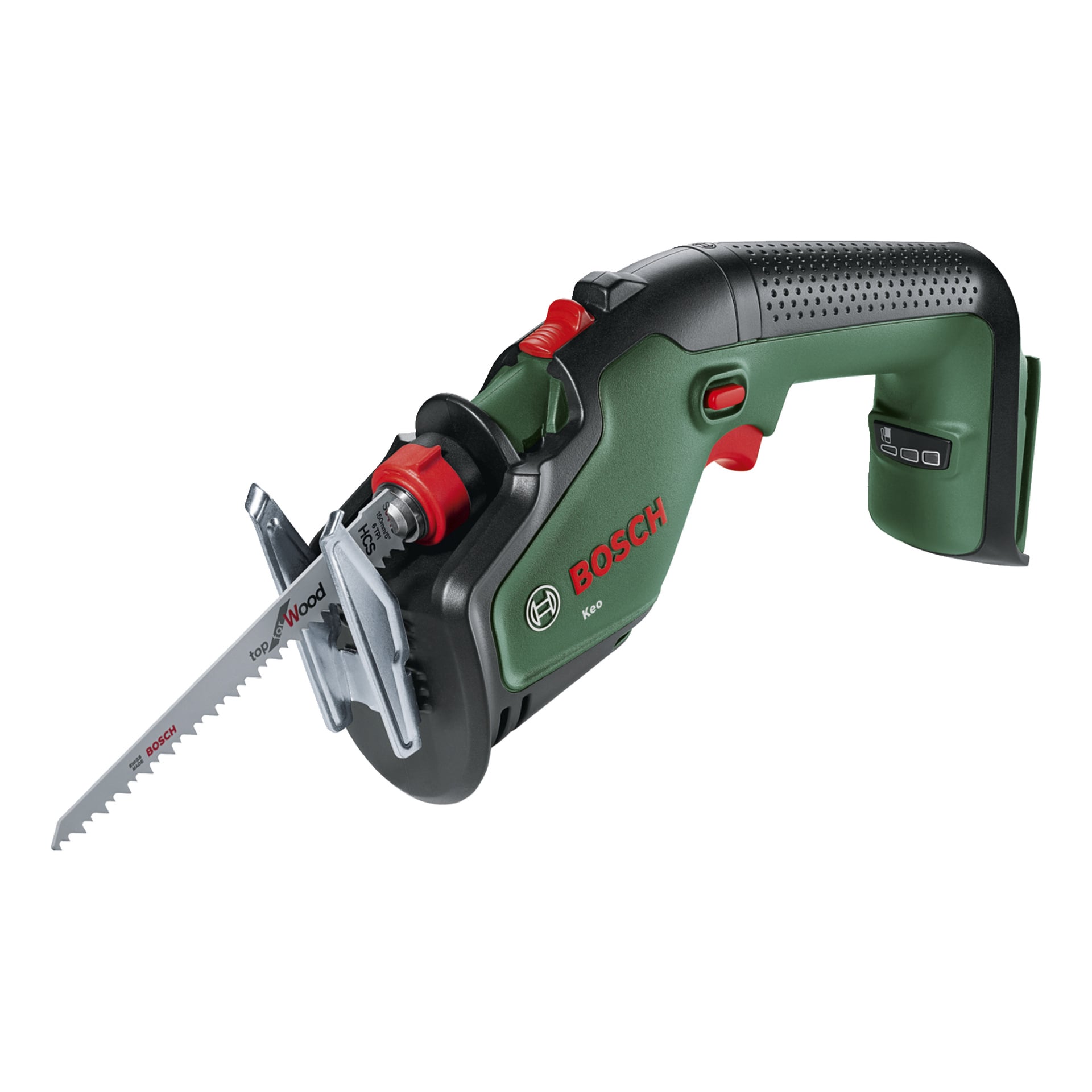 Bosch Power 4 All Keo beskärningssåg med svart och grön kaross, röda detaljer, silverfärgat "Top for Wood"-blad, ergonomiskt handtag, Bosch-logga.