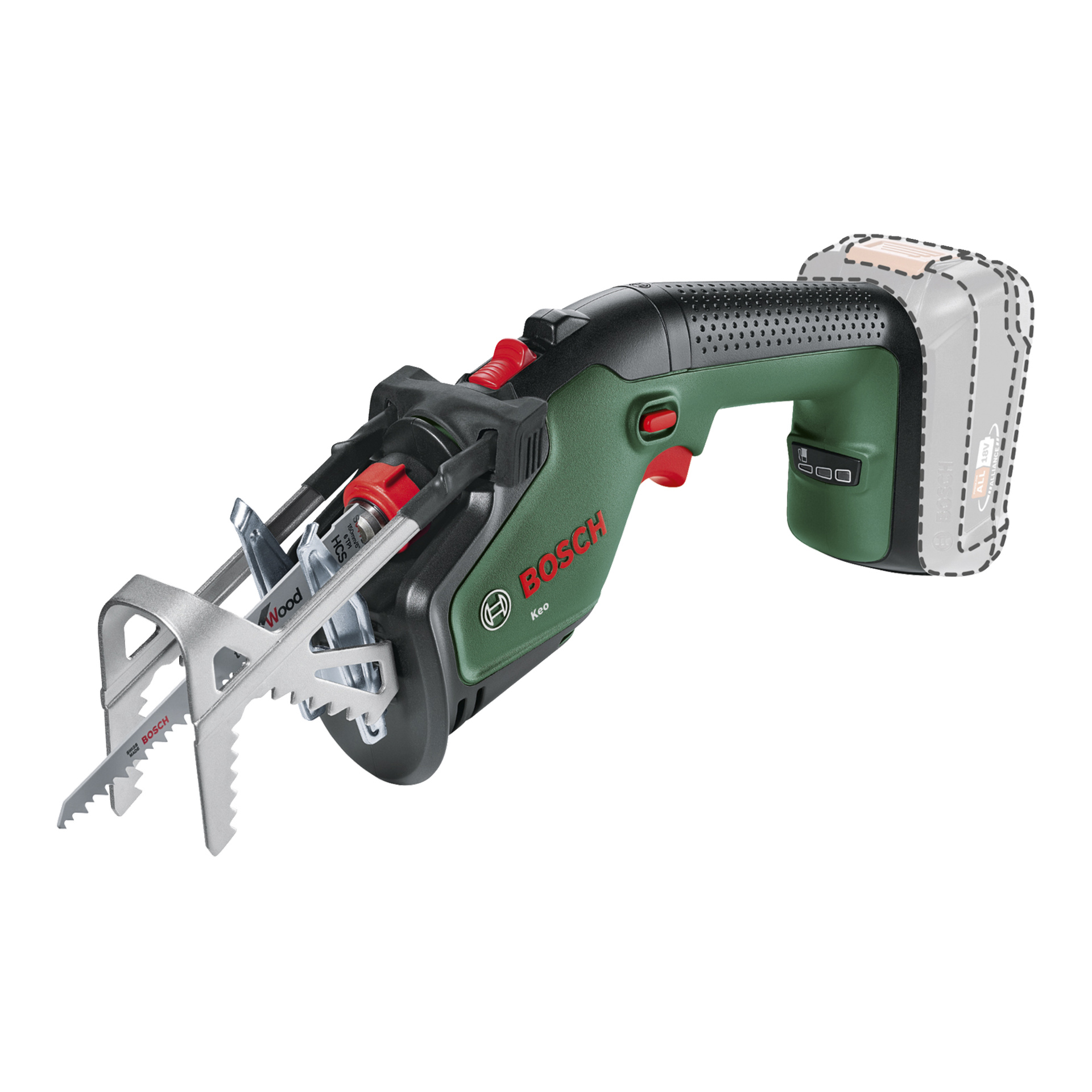 Bosch Power 4 All Keo beskärningssåg med grön och svart kaross, Bosch-logga, frambladet synligt och bakre batterifacket markerat.