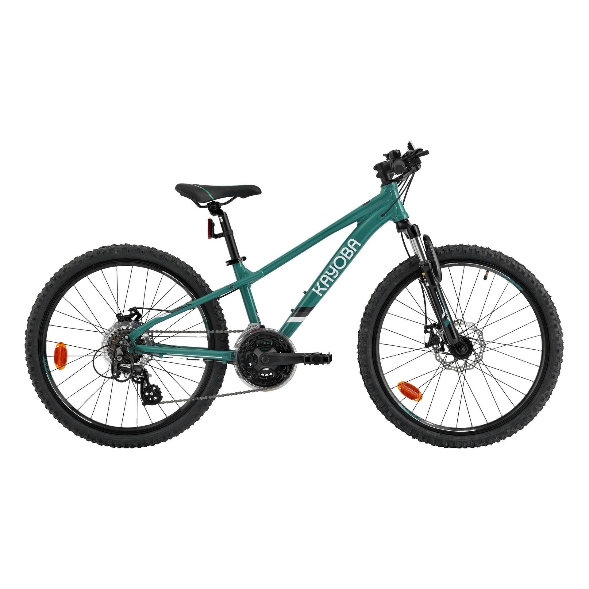 Kayoba Trance 3.0 mountainbike med turkosa ram, svart styr/sadel, framfjädring, skivbromsar, tjocka däck, orange reflektorer.