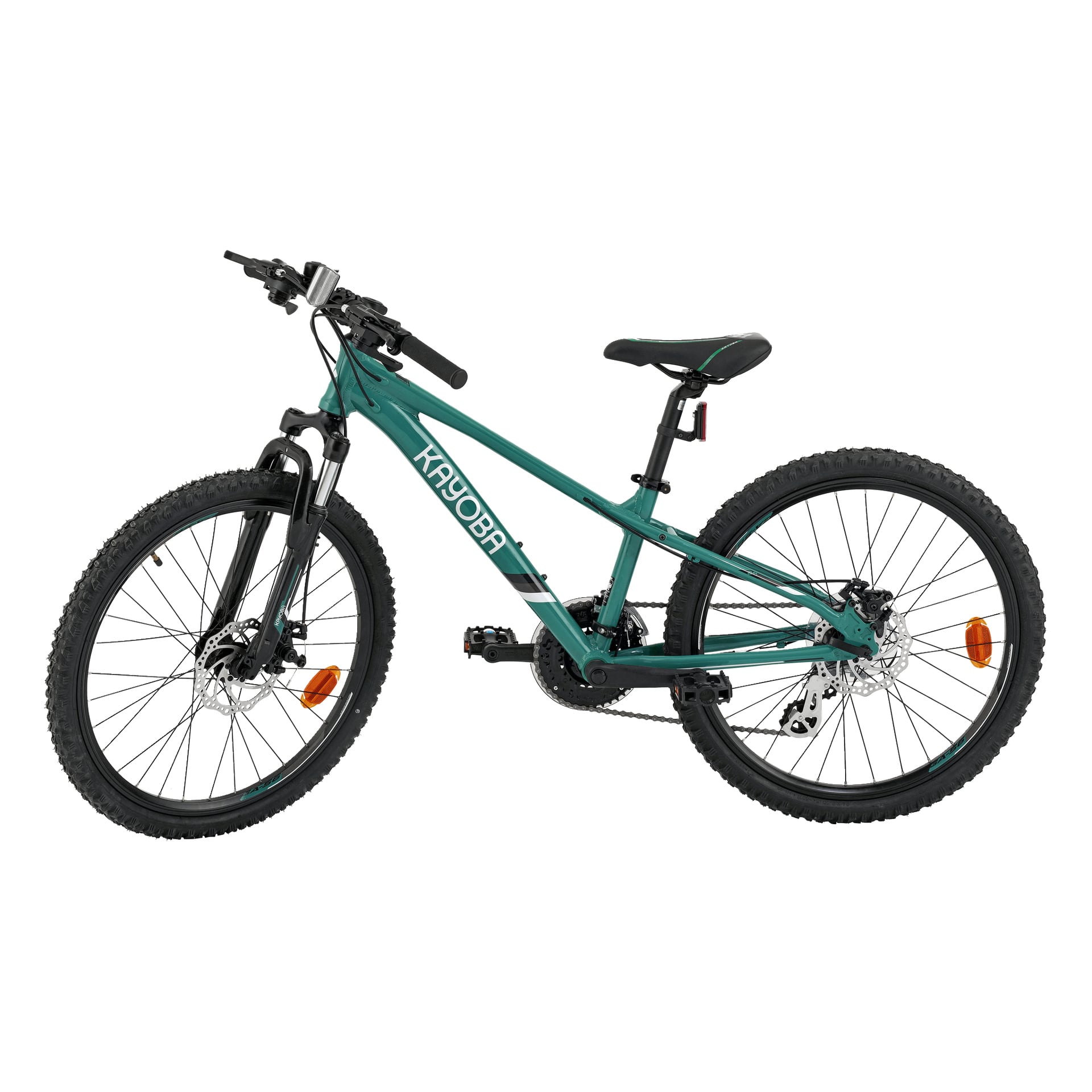 Kayoba Trance 3.0 mountainbike har en teal-ram med vit märkning, svart styr och sadel, framfjädring, skivbromsar och knotiga däck.