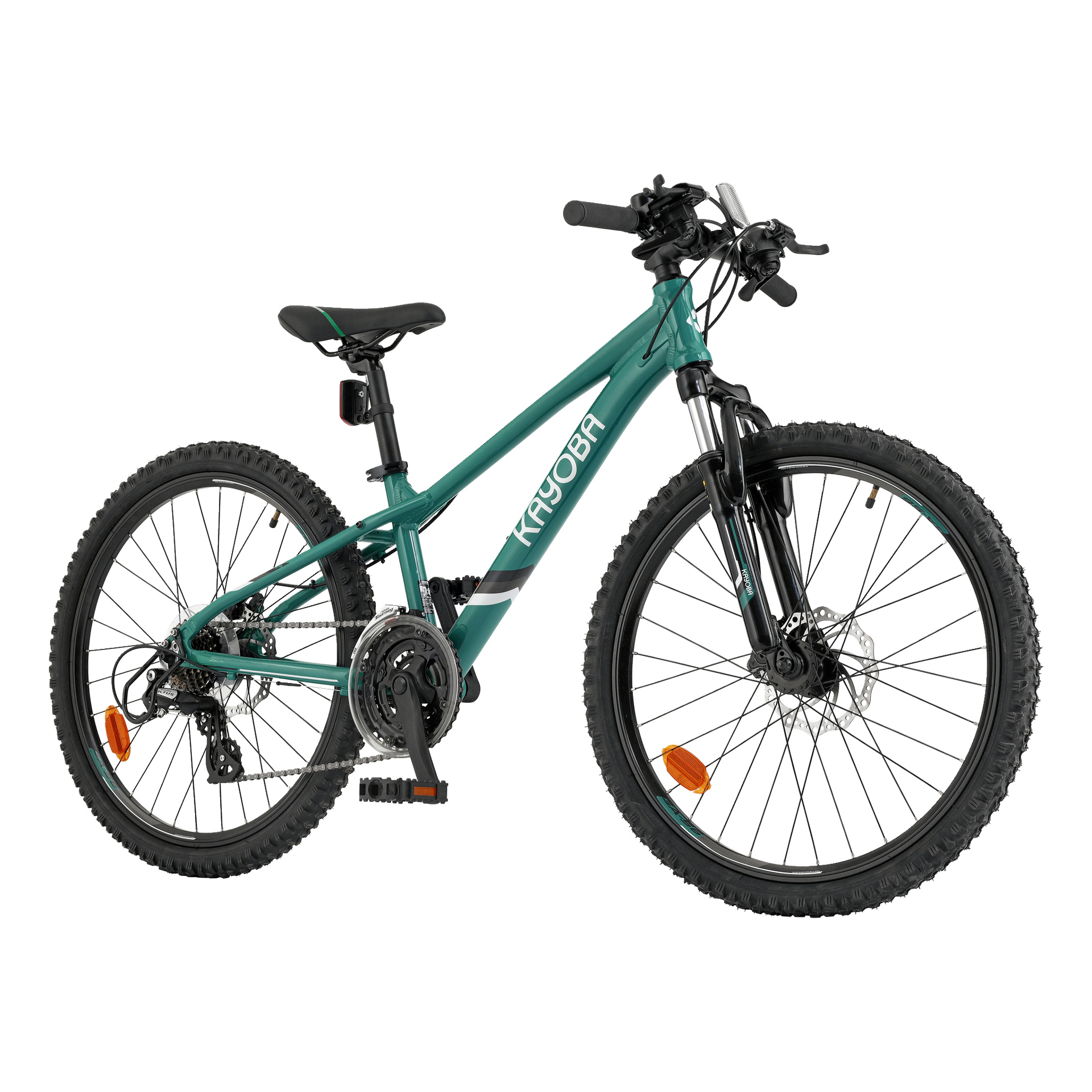 En teal Kayoba Trance 3.0 mountainbike med framfjädring, skivbromsar och knöldäck är avbildad i en lätt vinkel.