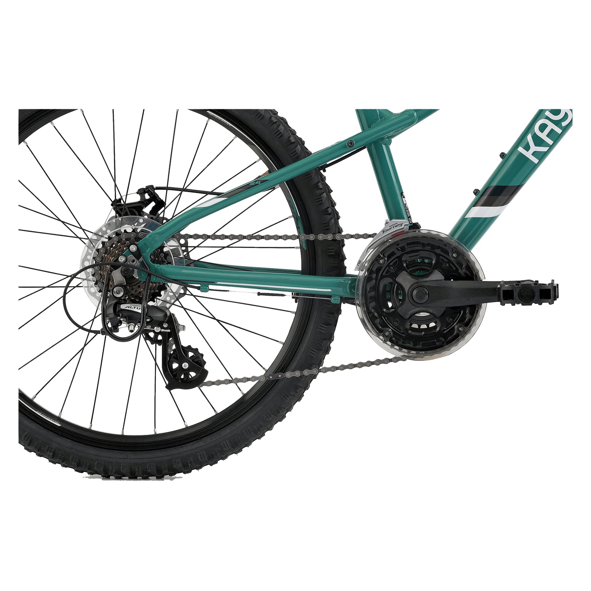 Detaljerad vy av Kayoba Trance 3.0 mountainbikes bakhjul, kedja, växlar, pedaler, växel och grön ram med detaljer.