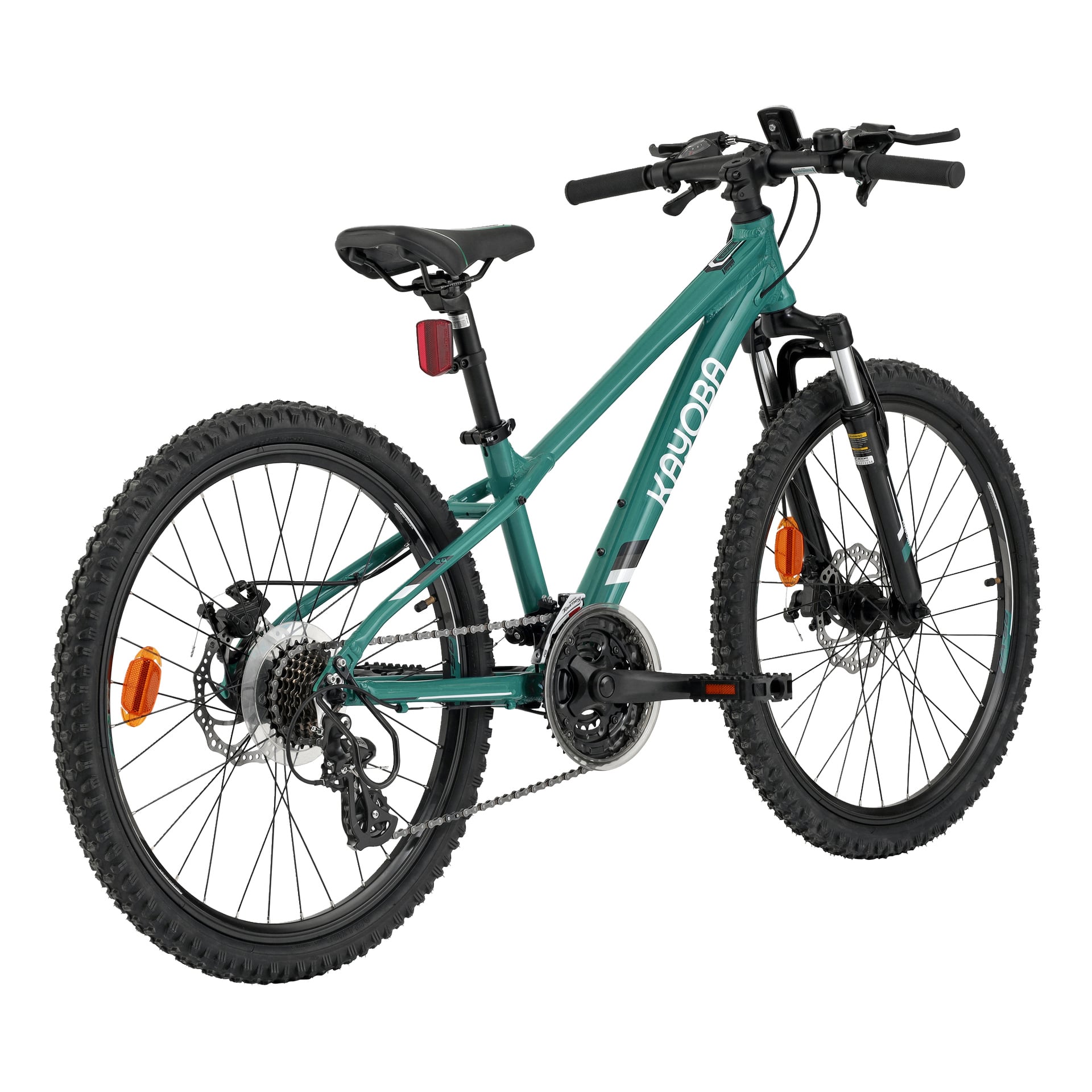 Teal Kayoba Trance 3.0 mountainbike, framfjädring, knoppiga däck, svart sadel, orange reflektorer, branding på ramen.
