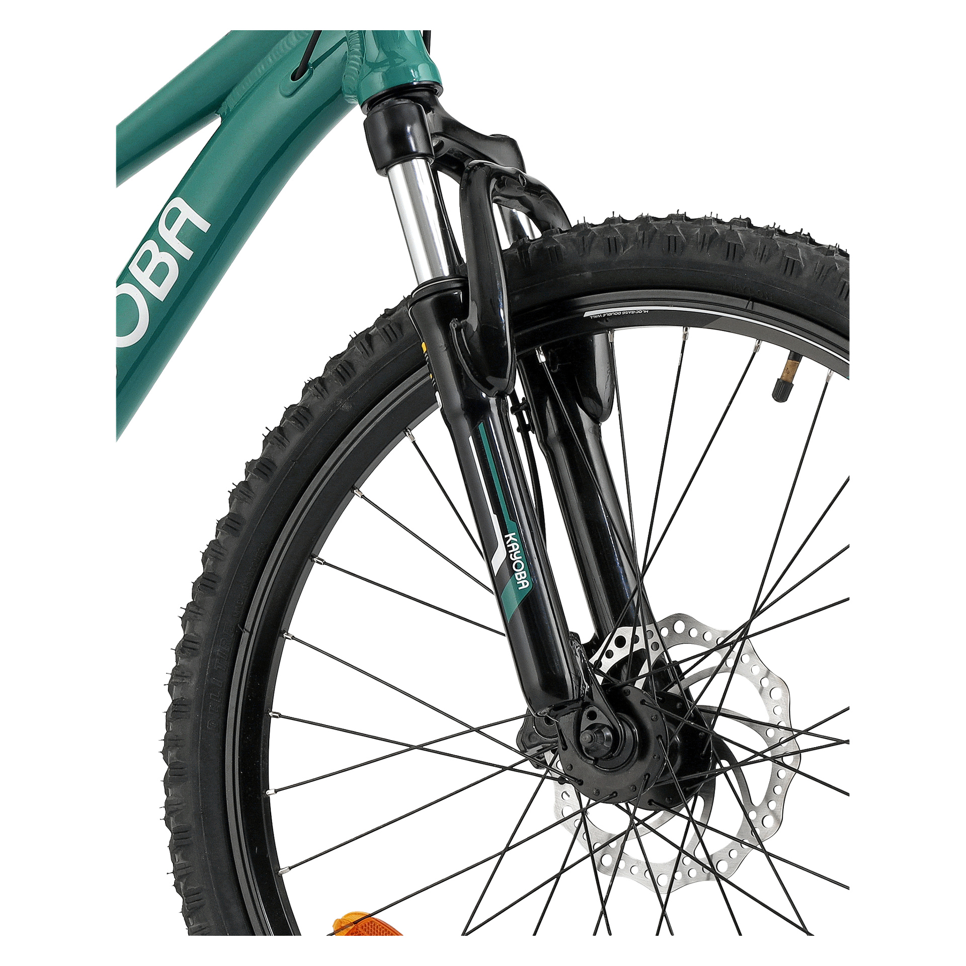Närbild på framhjulet och gaffeln på en grön Kayoba Trance 3.0-cykel, med framhävning av däckmönster, skivbroms, ekrar och "OBA" på ramen.