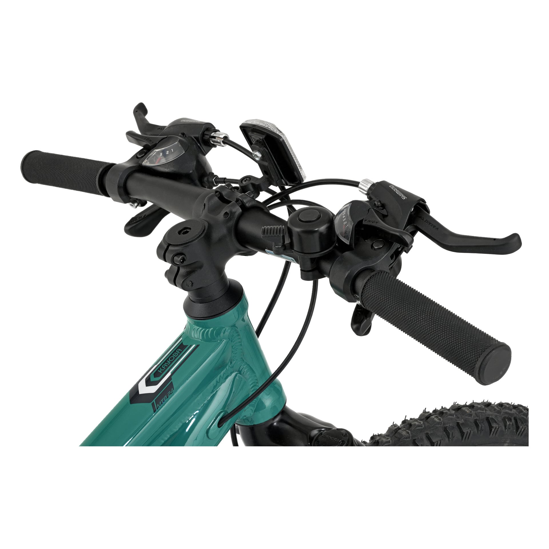 Detaljerad vy av Kayoba Trance 3.0 mountainbike-styren med reglag; Teal-ramen visar logotyp och en framdäckssektion syns.