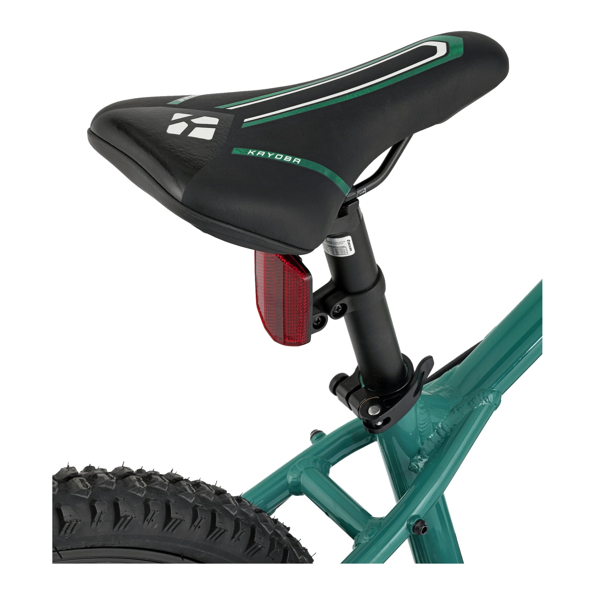 Närbild av en Kayoba Trance 3.0 mountainbikesadel i svart och grönt på en teal-ram, med röd bakreflektor och bakdäck synligt.