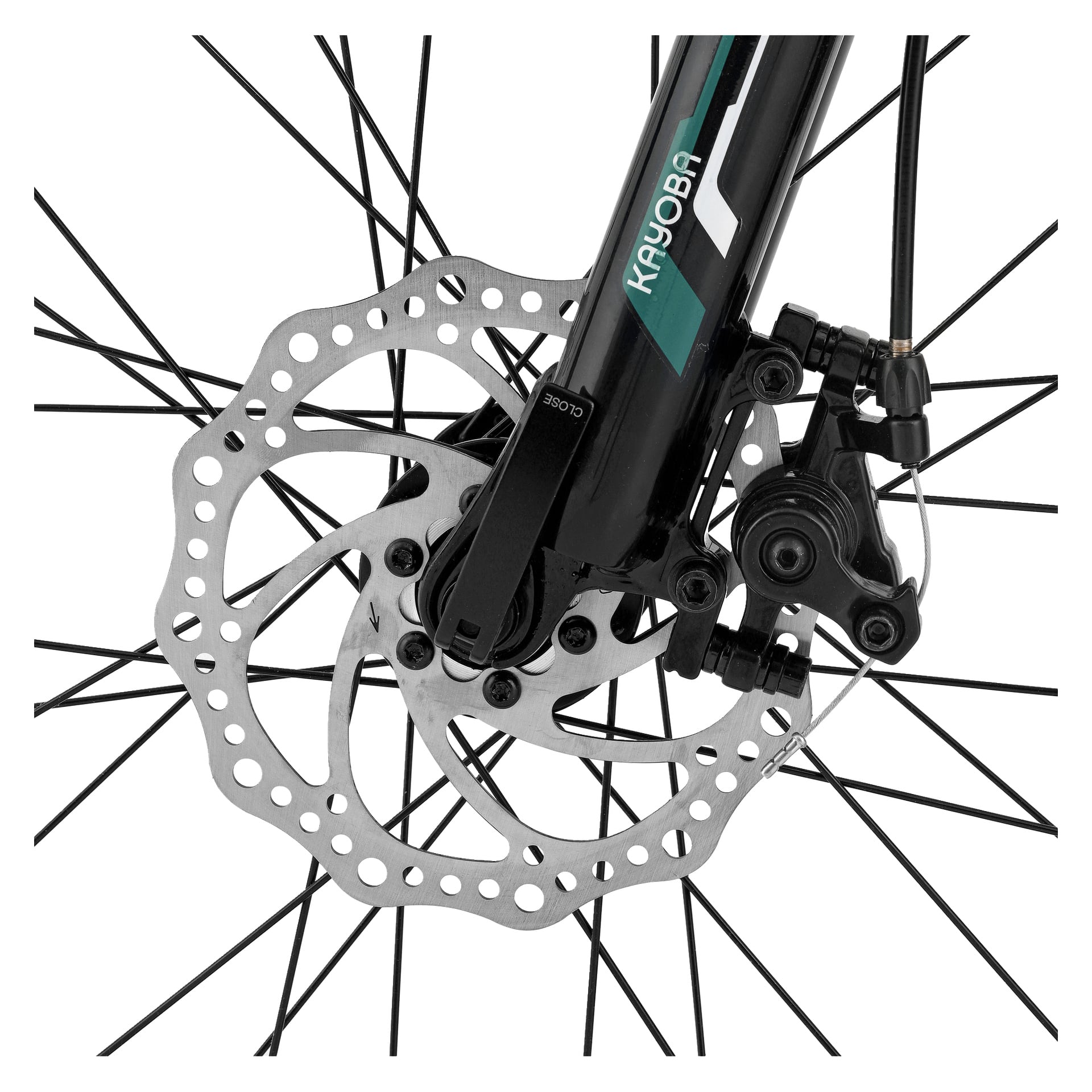 Detaljerad vy av Kayoba Trance 3.0 mountainbikes framhjul med skivbromsar, silverskiva, svart bromsok och märkt gaffel.