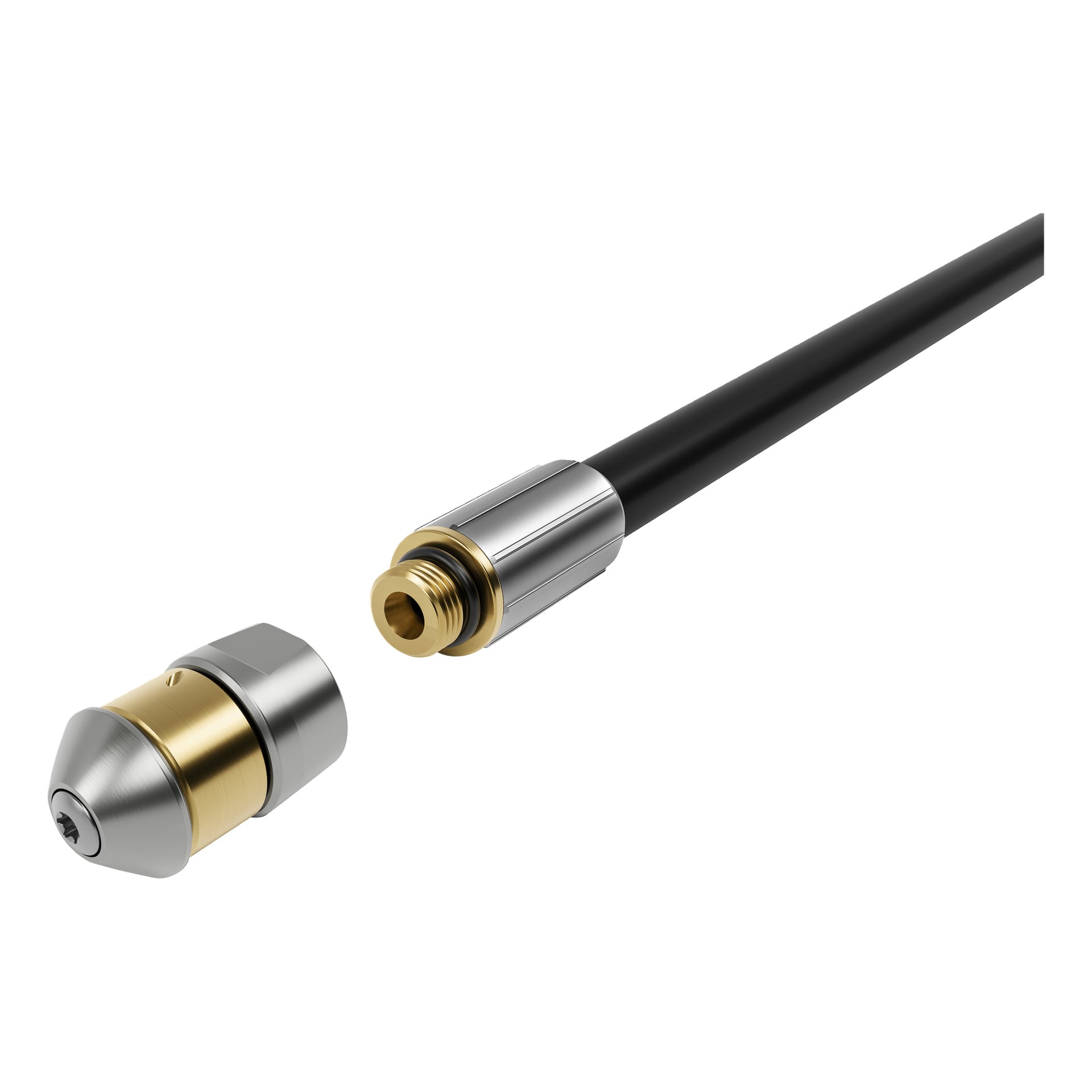 Närbild på Kärcher Pipe cleaning kit för PC 15, med en metallsvart kabel med gängad messingskontakt och avtagbart munstycke.