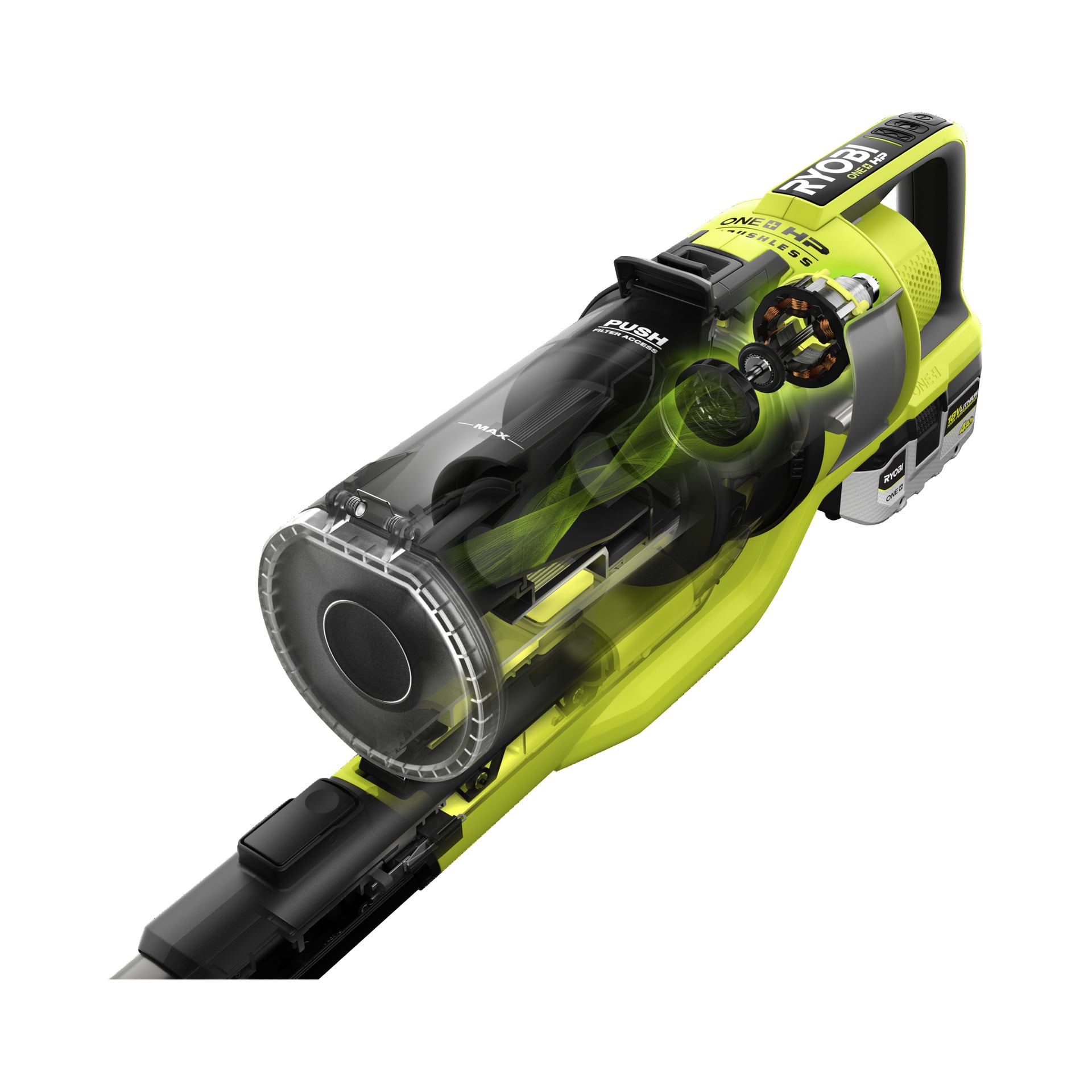 Närbild på en Ryobi One+ Upright vacuum RSV18X-1X40, med gul och svart design, transparent fodral som visar dammbehållaren och interna delar.