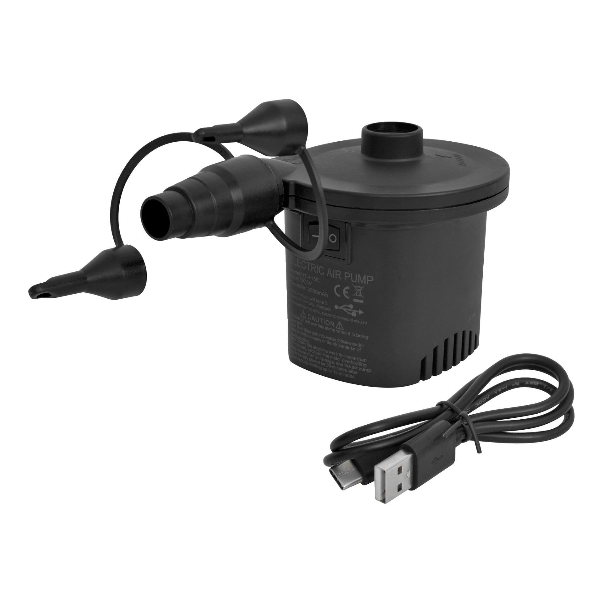 Musta Jilong Reloadable minikompressori, johon on liitetty suuttimet ja erillinen USB-latauskaapeli sen vieressä.