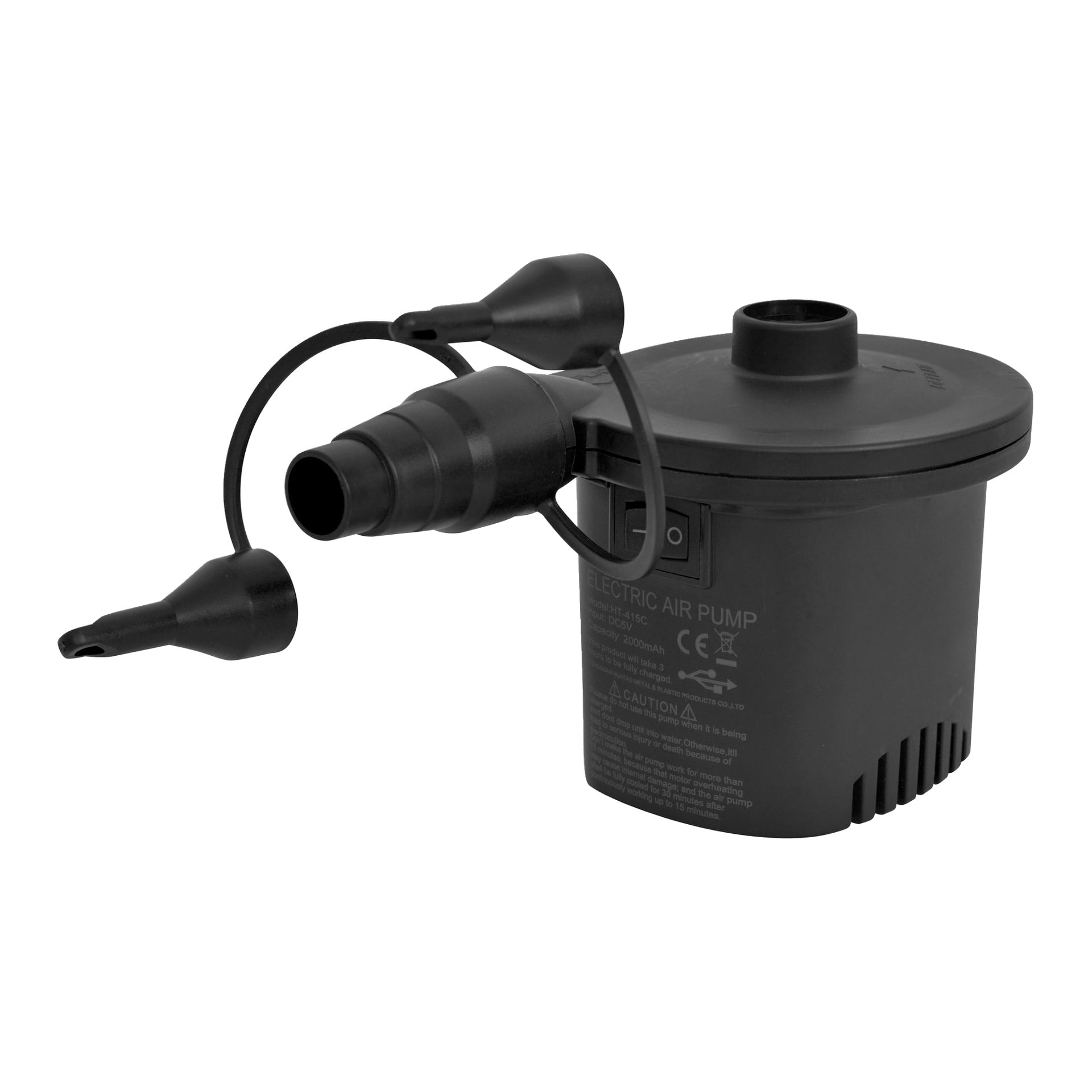 Musta Jilong Reloadable minikompressori kolmella suuttimella, USB-portilla, virtakytkimen ja kotelolla, merkitty varoitustiedoilla.