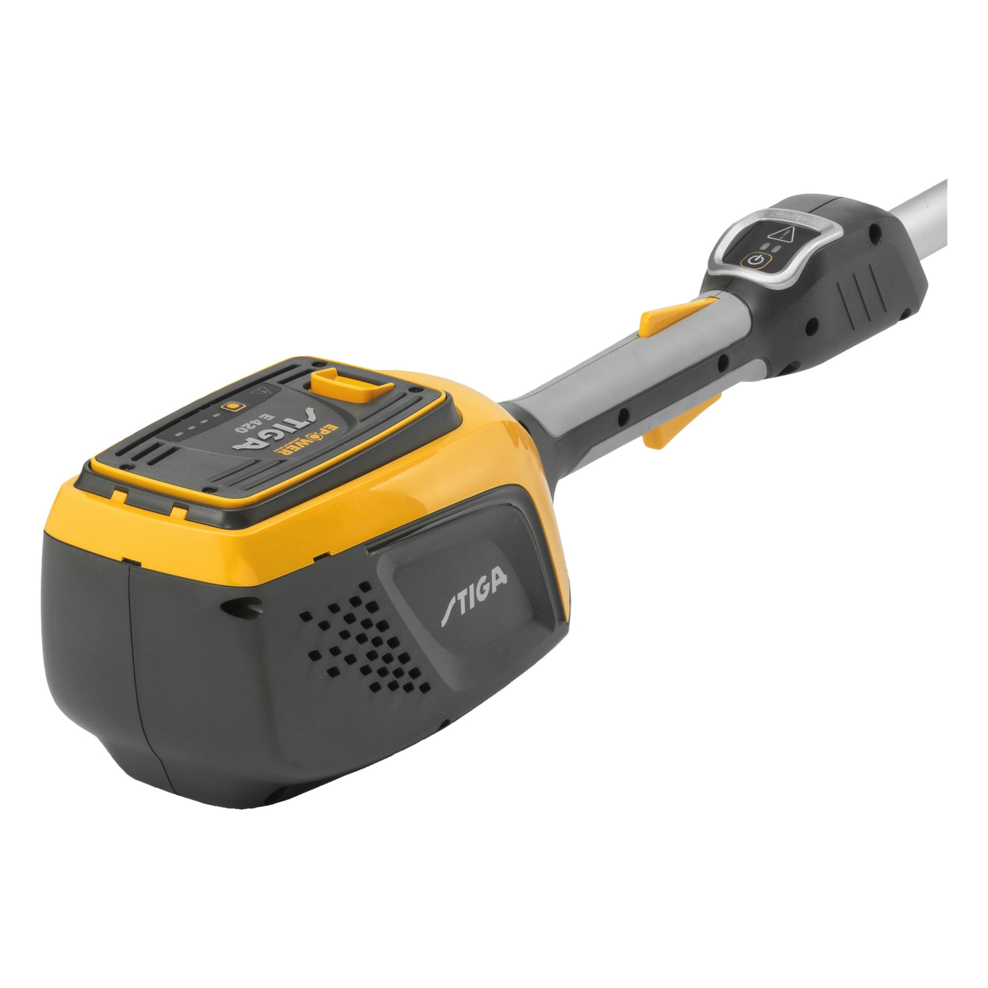 Närbild på grästrimmern i Stiga GT 500e Kit, som visar dess gula och svarta batterifack och handtag med en kontrollknapp.