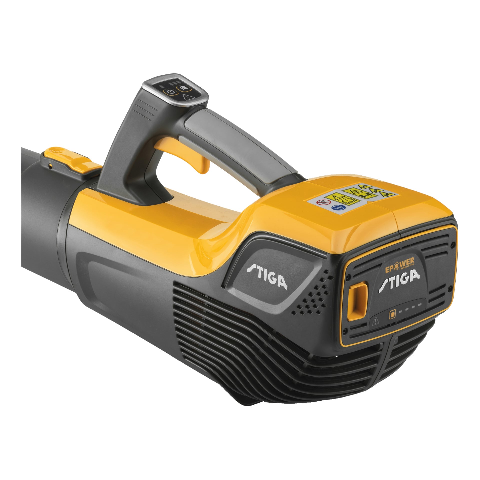 Närbild på en gul och svart Stiga E-Power sladdlös lövblås, som framhäver handtaget, kontrollknapparna och märkesmarkeringarna.
