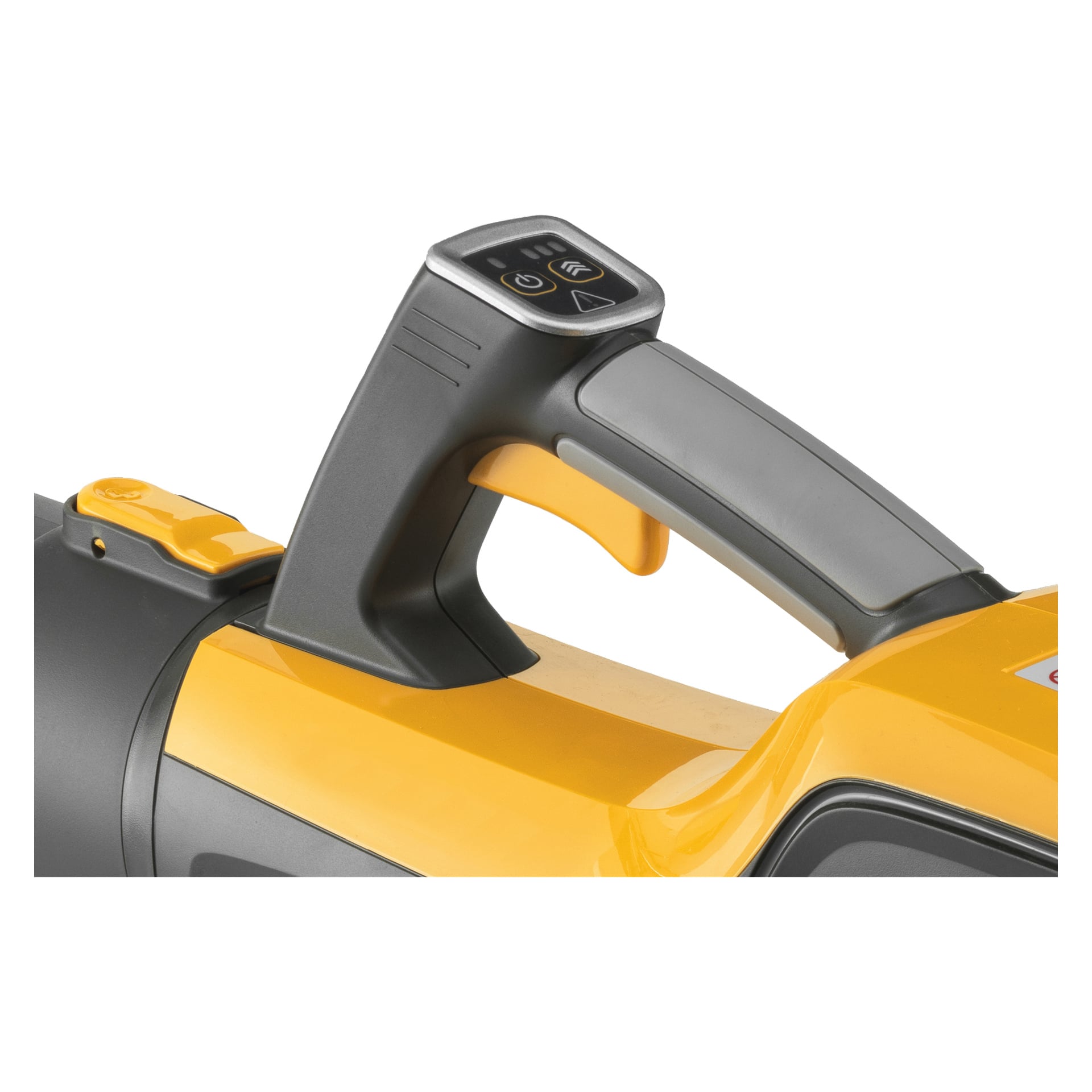 Detaljerad vy av Stiga BL 500e Kits handtag och kontroller, med gul och svart design med knappar och ergonomiskt grepp.