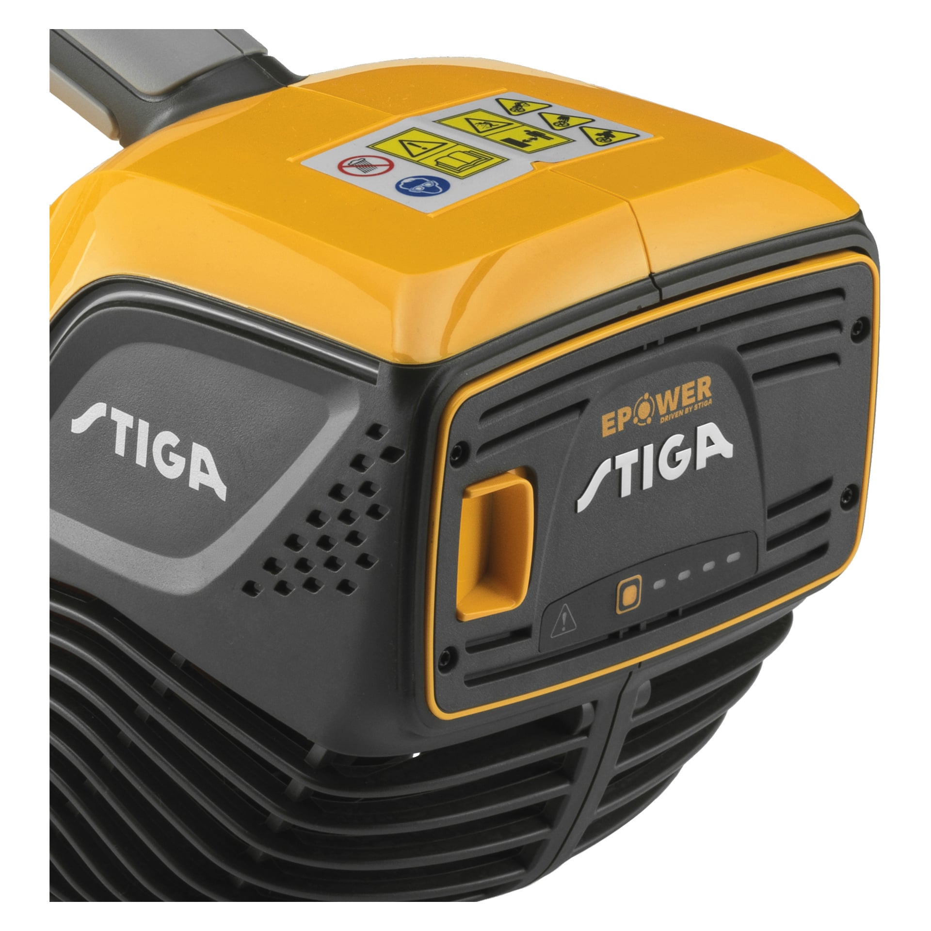 En närbild på en gul och svart Stiga ePower-enhet med Stiga-logotypen, indikatorlampor och olika varningsetiketter ovanpå.