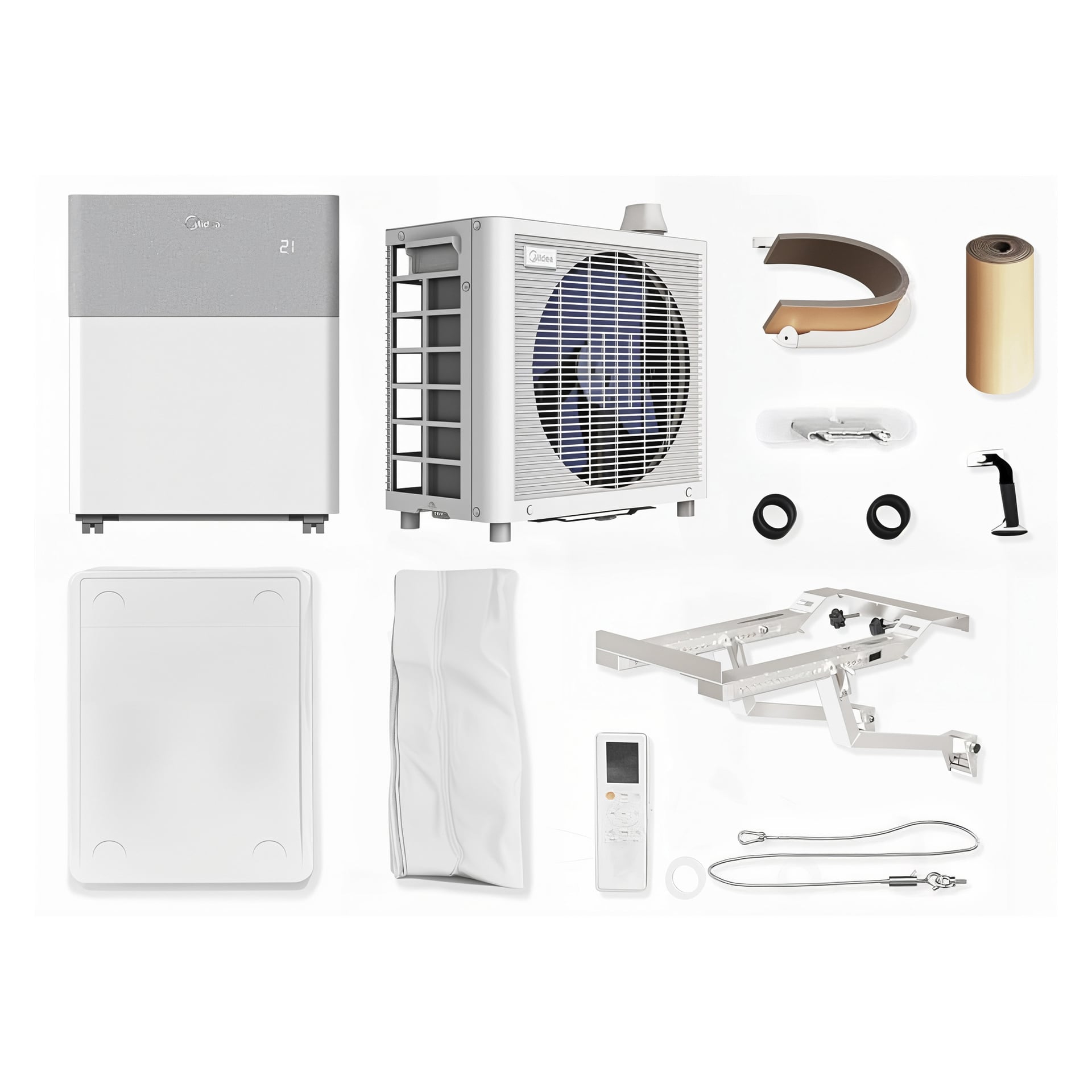 Midea PortaSplit portabel luftkonditionering med värmepump som visas med fjärrkontroll, fästen, slangar, isolering, fästen, sladd och manual.