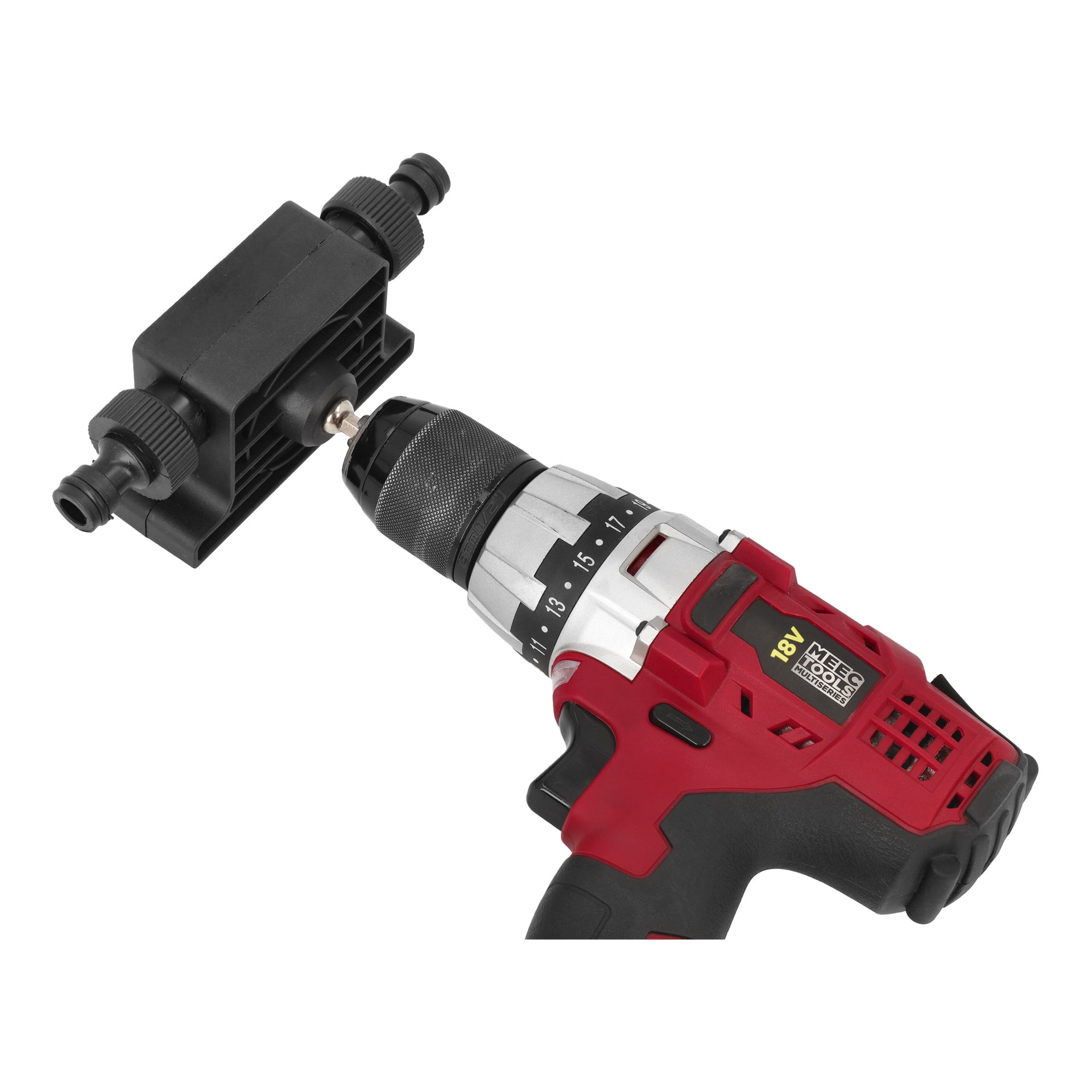 En borrpump från Meec Tools kopplad till en röd och svart sladdlös borrmaskin med en svart plastvattenpump.