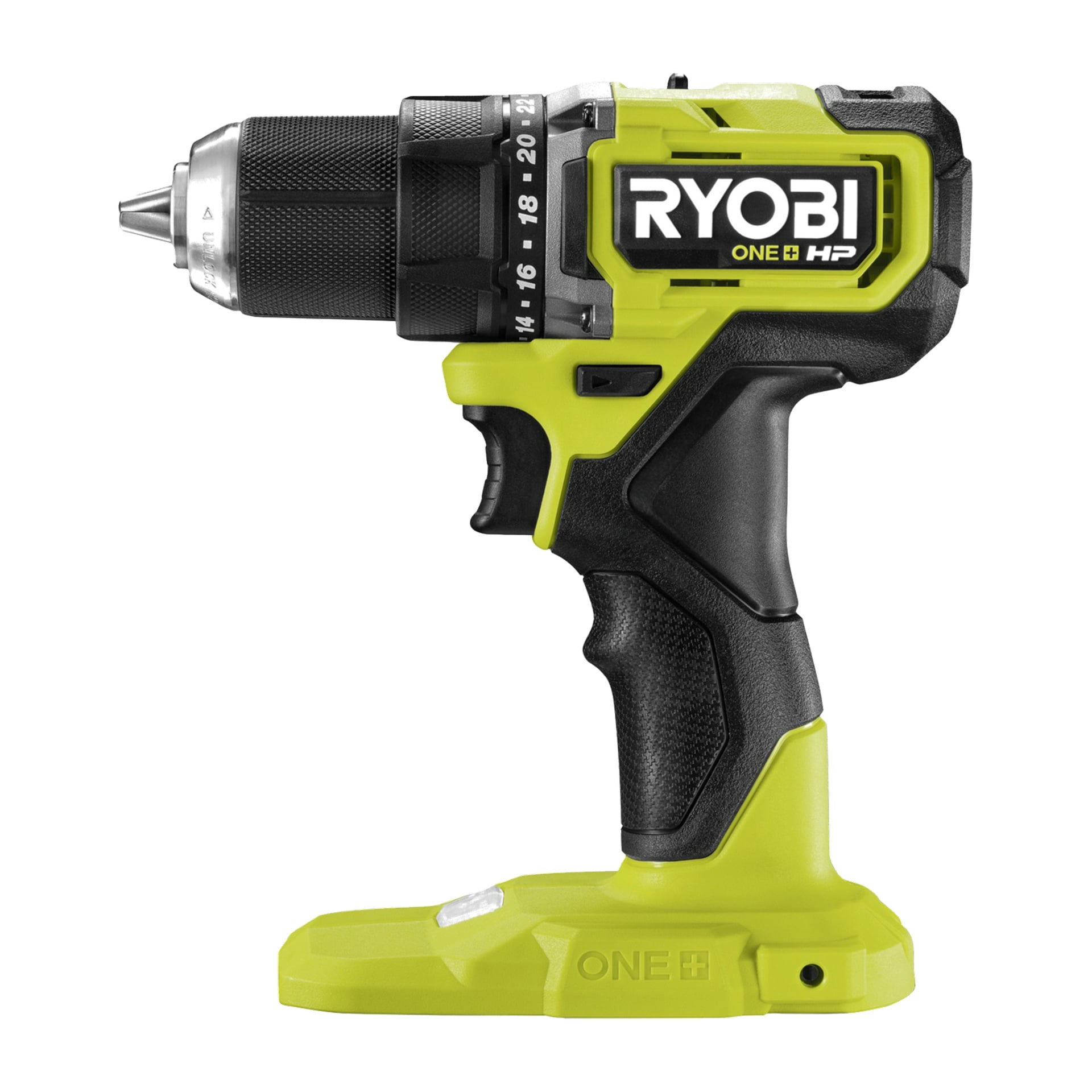 Pokazano bezszczotkową śrubokręt Ryobi One+ HP oraz zestaw narzędzi wielofunkcyjnych, pokazujące zielono-czarną kolorystykę, logo oraz widoczny przełącznik zasilania na każdym narzędziu. Śrubokręt posiada bezkluczykowy uchwyt i regulowanie regulowanej prędkości; oba narzędzia nie mają podłączonych baterii. Jest to część 5-częściowego zestawu RCK182J-1X40S i zawiera futerał.