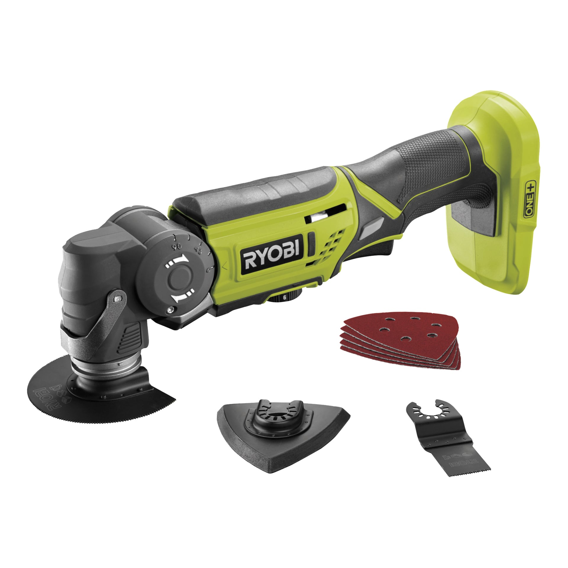 Zielono-zestaw bezszczotkowego śrubokręta Ryobi One+ HP oraz wielonarzędziowy zestaw (RCK182J-1X40S) z obudową, wyposażoną w dołączone ostrze tnące, dodatkowe wymienne głowice narzędzi oraz zestaw trójkątnych klocków ścierających z przodu.