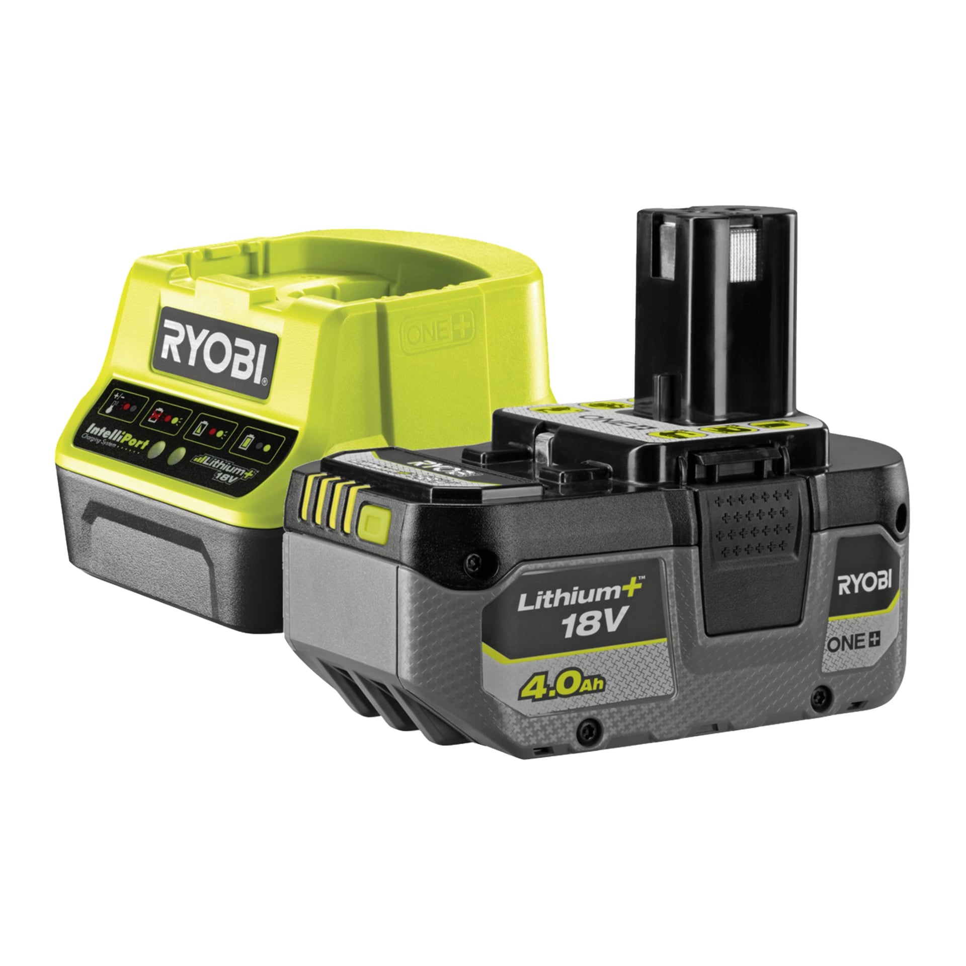 Ryobi One+ HP Brushless screwdriver i zestaw narzędzi wielofunkcyjnych, RCK182J-1X40S (5 części), starannie ułożone razem z szarym i jaskrawozielonym etui na przenoszenie.