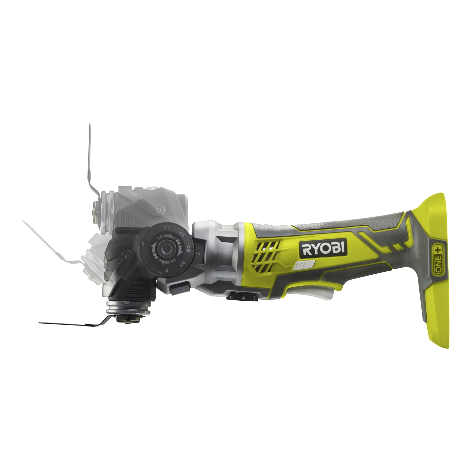 Zestaw śrubokrętów Ryobi One+ HP bezszczotkowy w kolorze żółto-czarnym oraz zestaw narzędzi wielofunkcyjnych, model RCK182J-1X40S (5 części), wyświetlany z boku. Narzędzie posiada regulowaną głowicę w różnych pozycjach, teksturowany chwyt i podkreśla kompatybilność z systemem baterii One+.