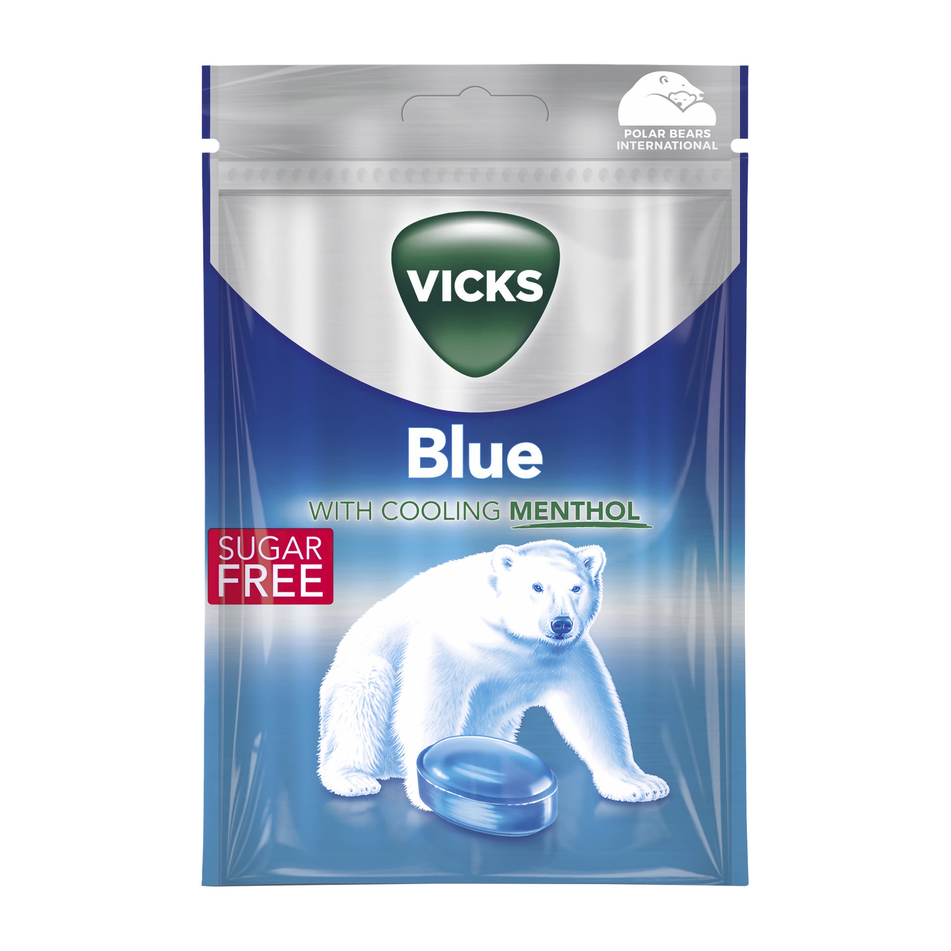 Vicks Blue Extra Strong rombpackning med en isbjörn, "Sugar Free" i rött, "With Cooling Menthol" i grönt och Polar Bears Internationals logga uppe till höger.