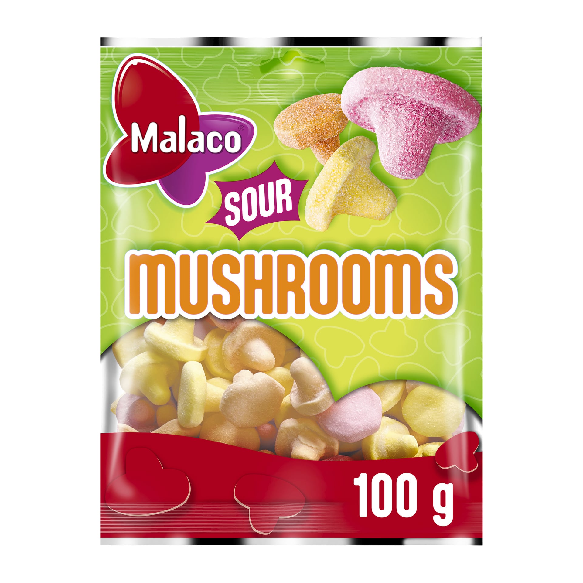 En 100g Malaco Sour Mushrooms-pose med grønn og rød emballasje, fargerike soppgummies og "Sour Mushrooms" i fet skrift.