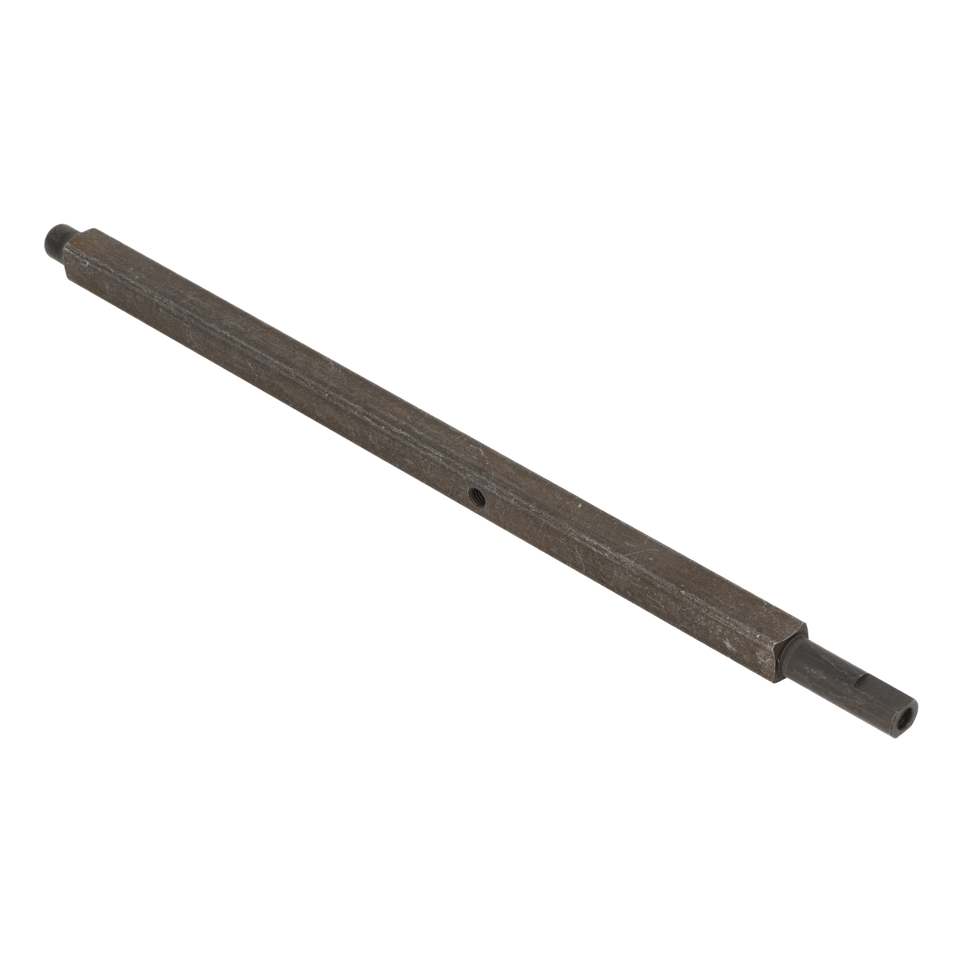 En snöskoprulleaxel med en lång rektangulär metallstång, cylindrisk ände och centralt hål.