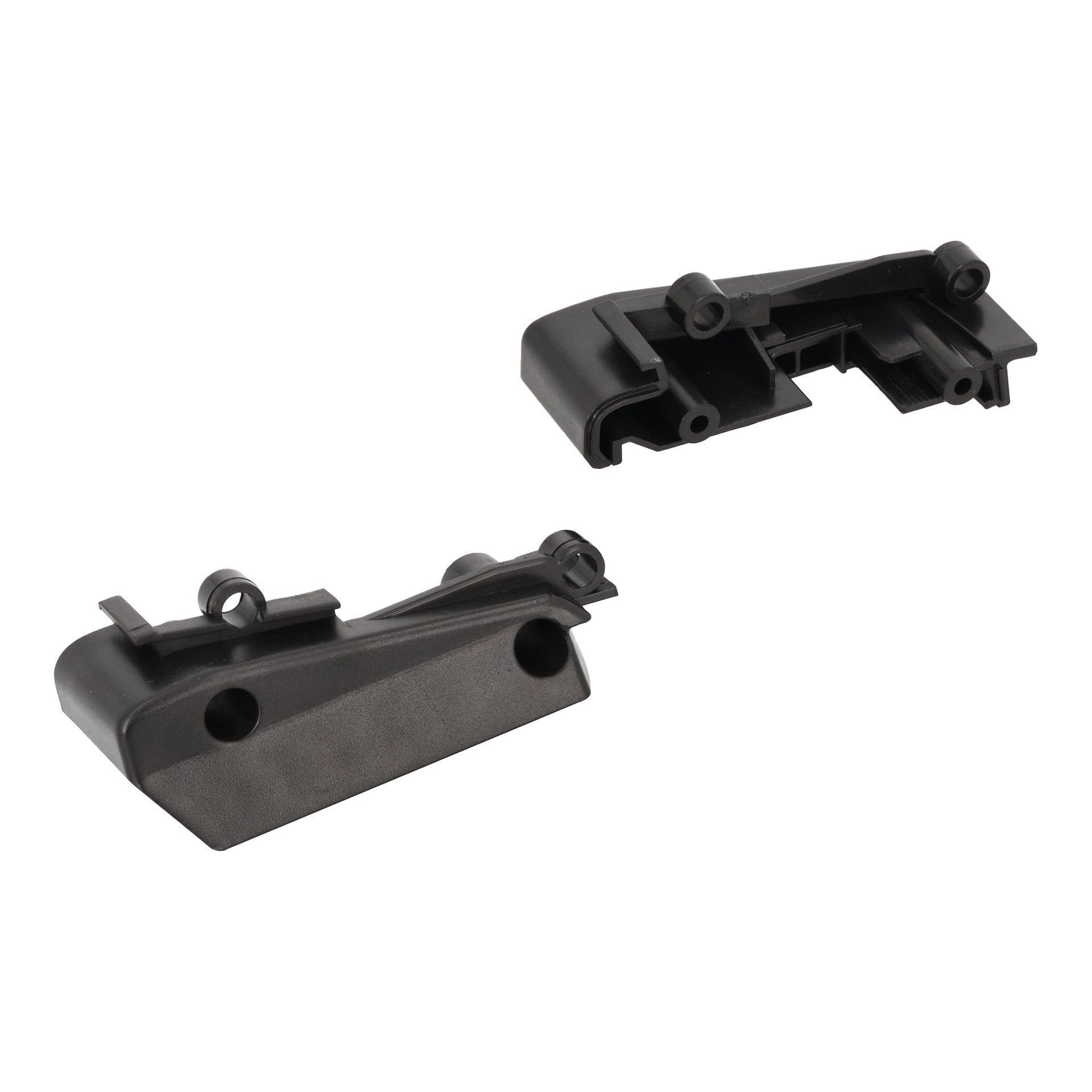 To svarte plast Snow Shovel Battery Connection-deler med ulike hull, spor og hevede seksjoner for å feste komponenter.